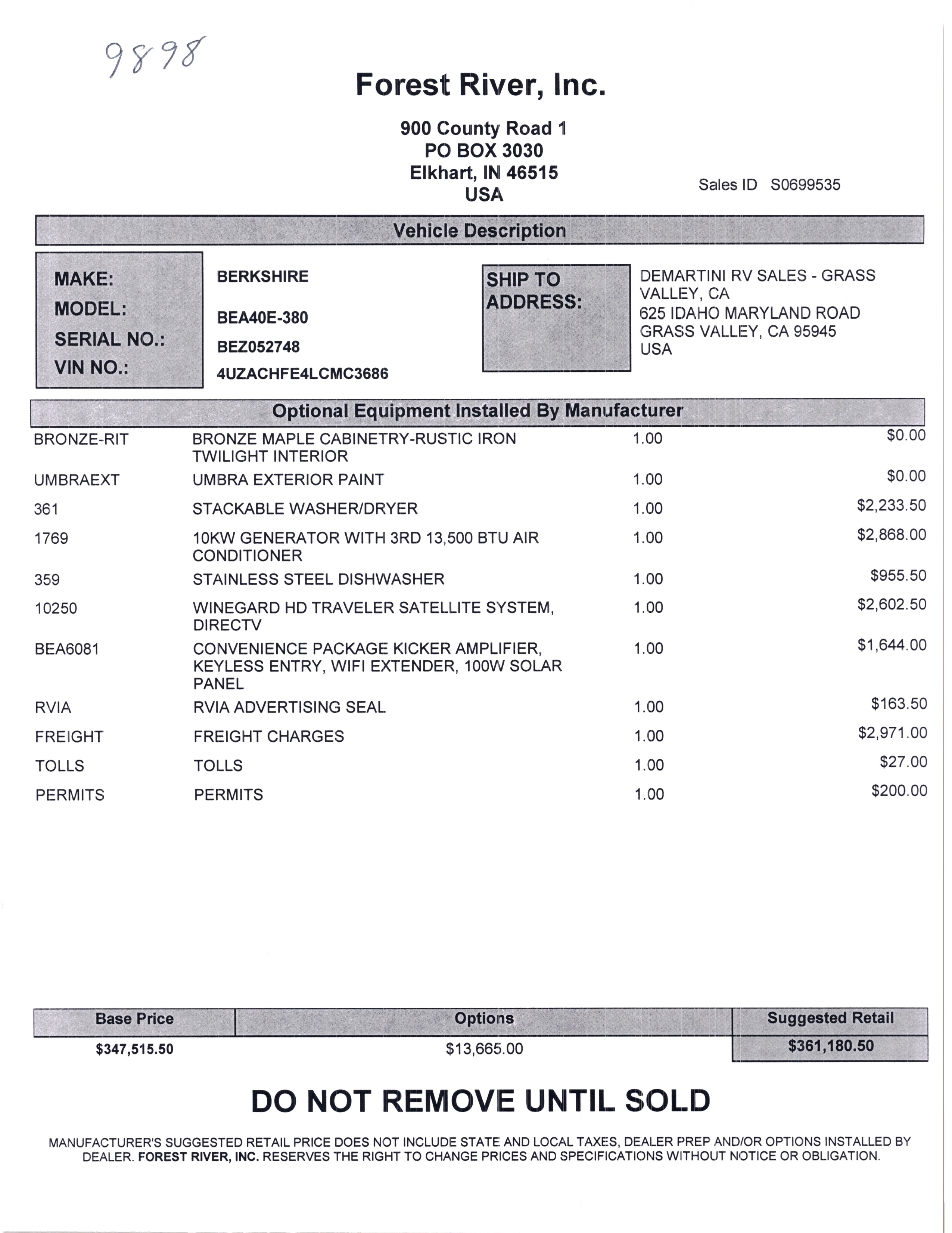 2020 Forest River Berkshire XL 40E MSRP Sheet