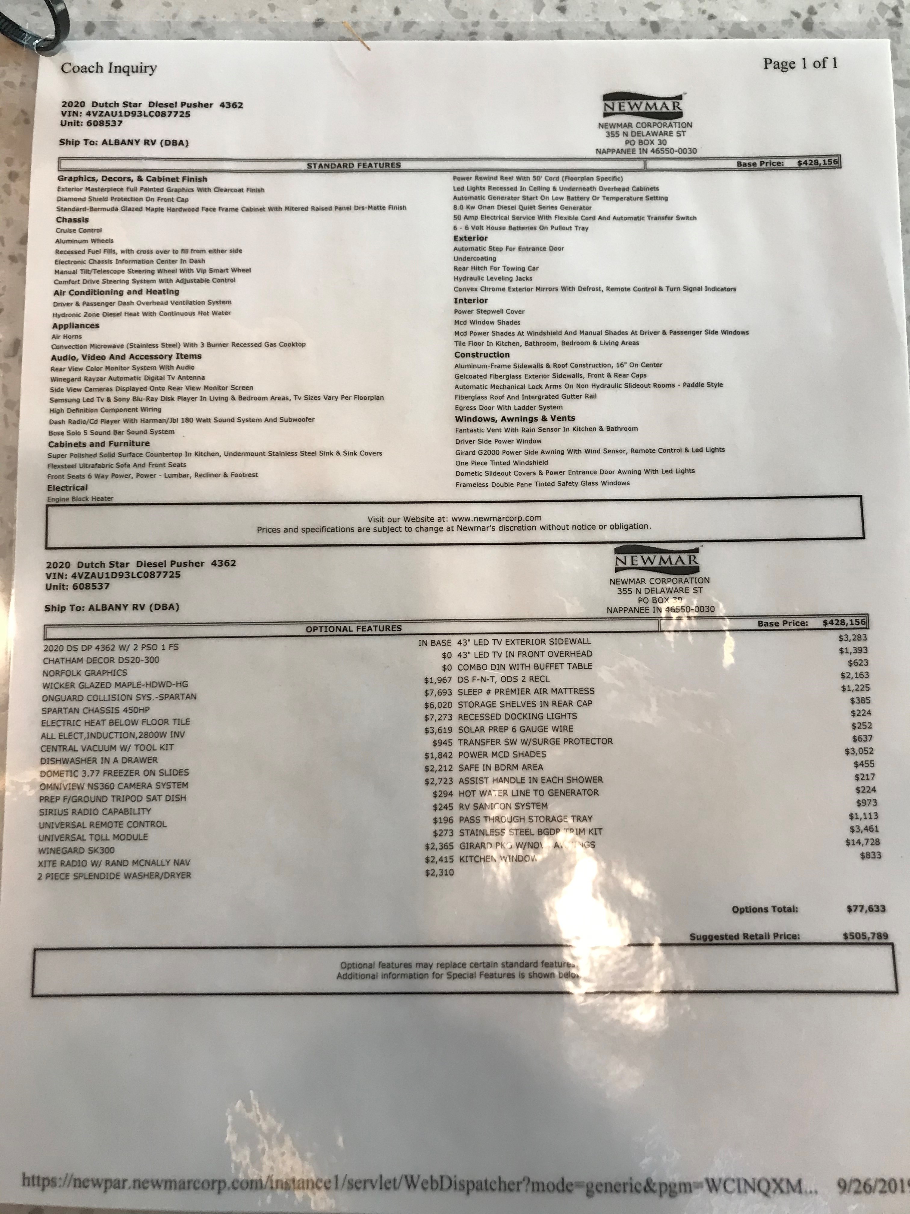 2020 Newmar Dutch Star 4362 MSRP Sheet