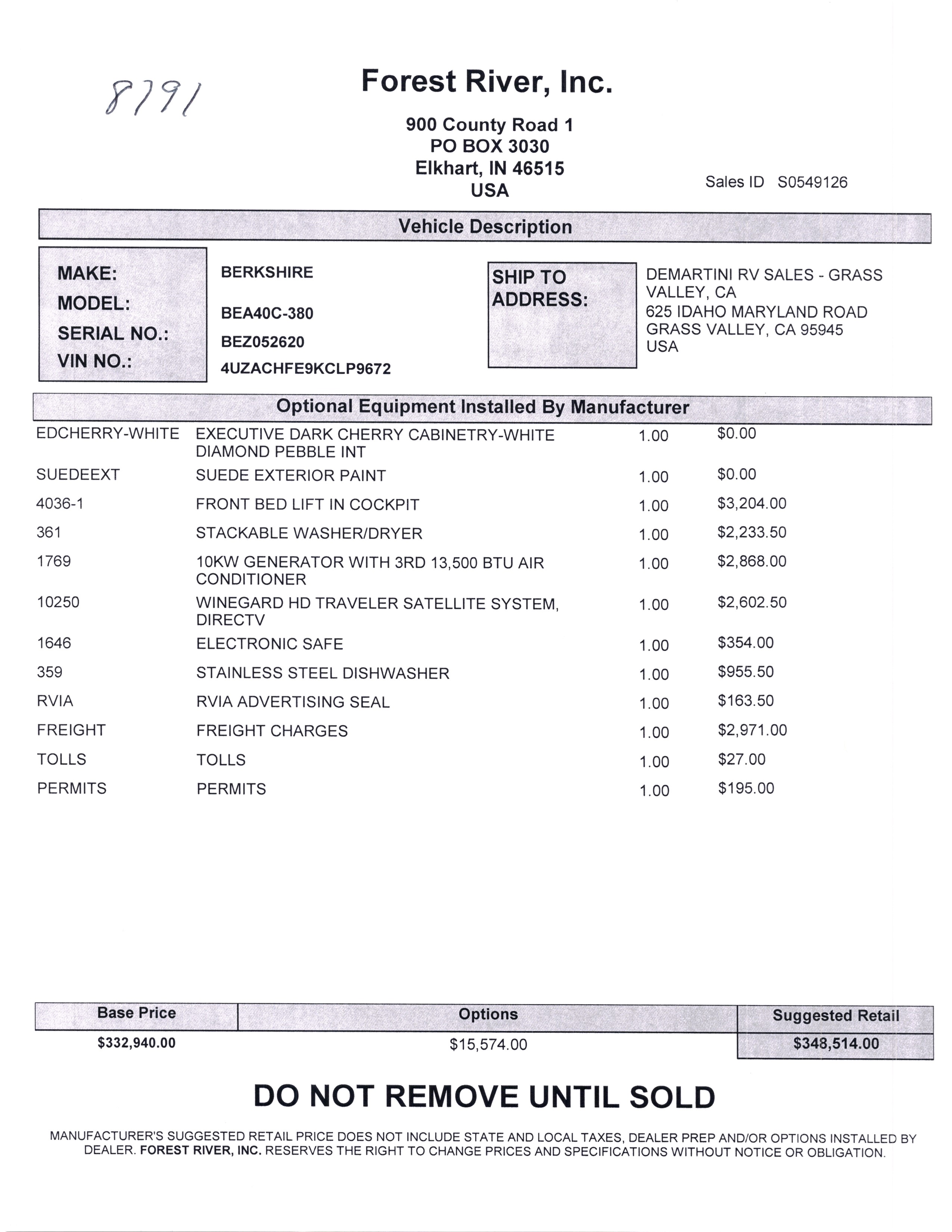 2019 Forest River Berkshire XL 40C MSRP Sheet