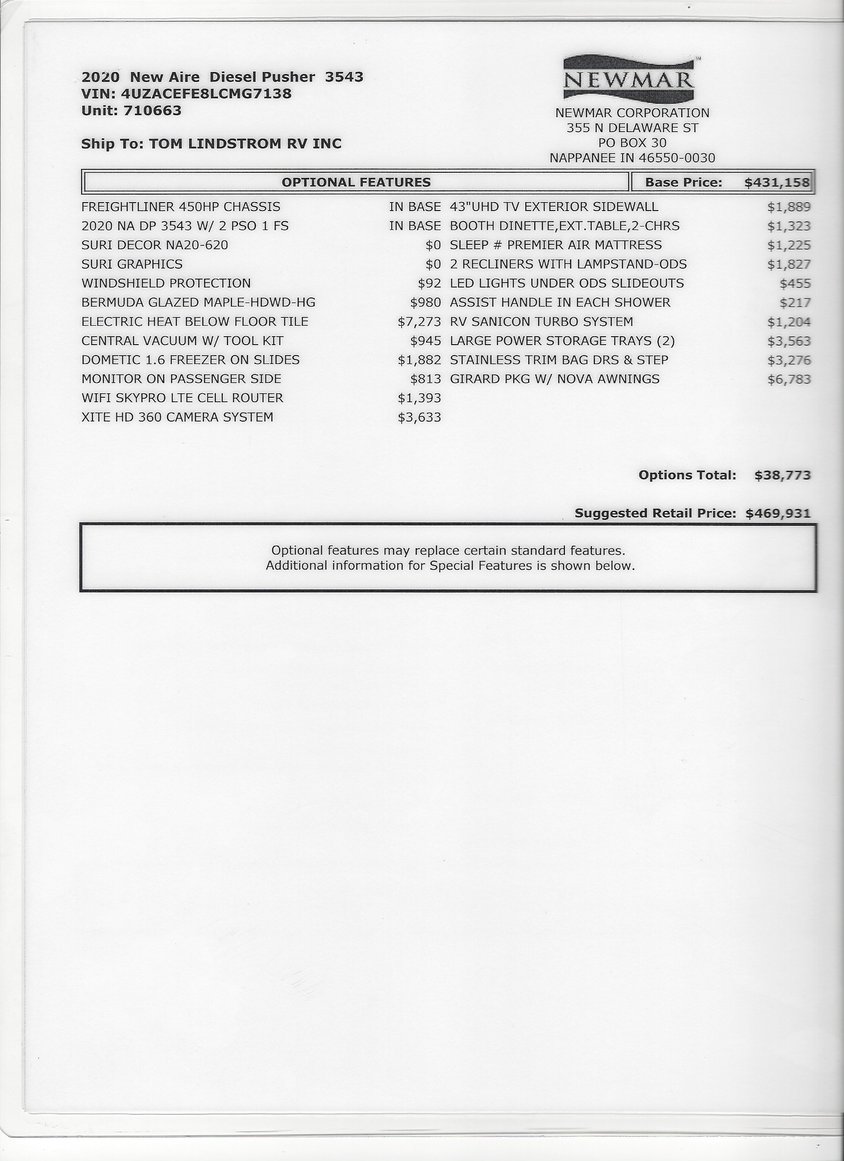 2020 Newmar New Aire 3543 MSRP Sheet