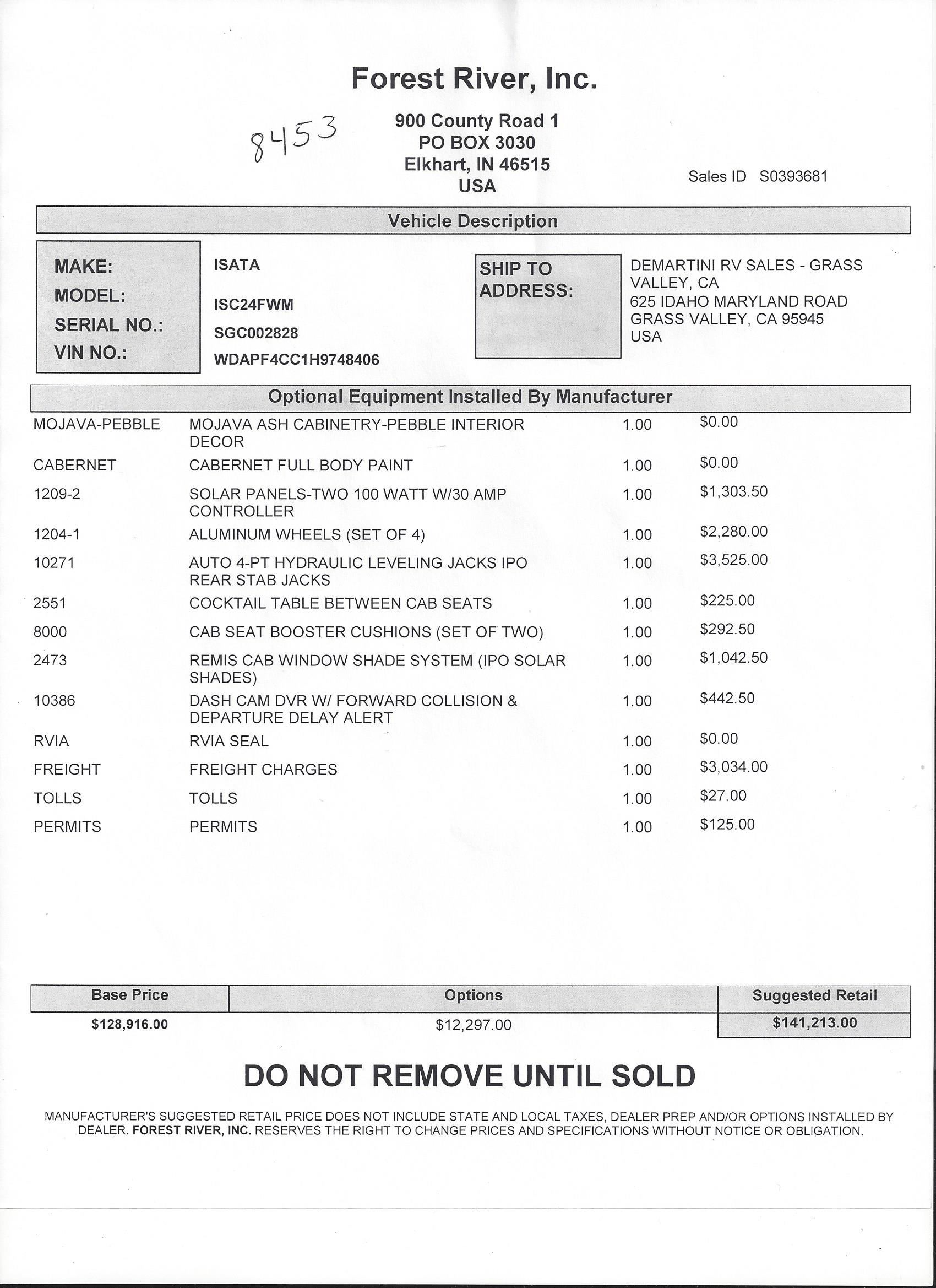 2019 Dynamax Isata 3 24FW MSRP Sheet