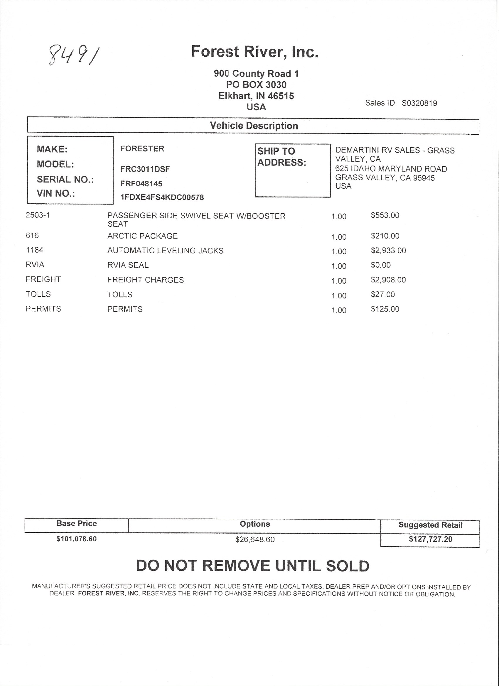 2019 Forest River Forester 3011DS MSRP Sheet