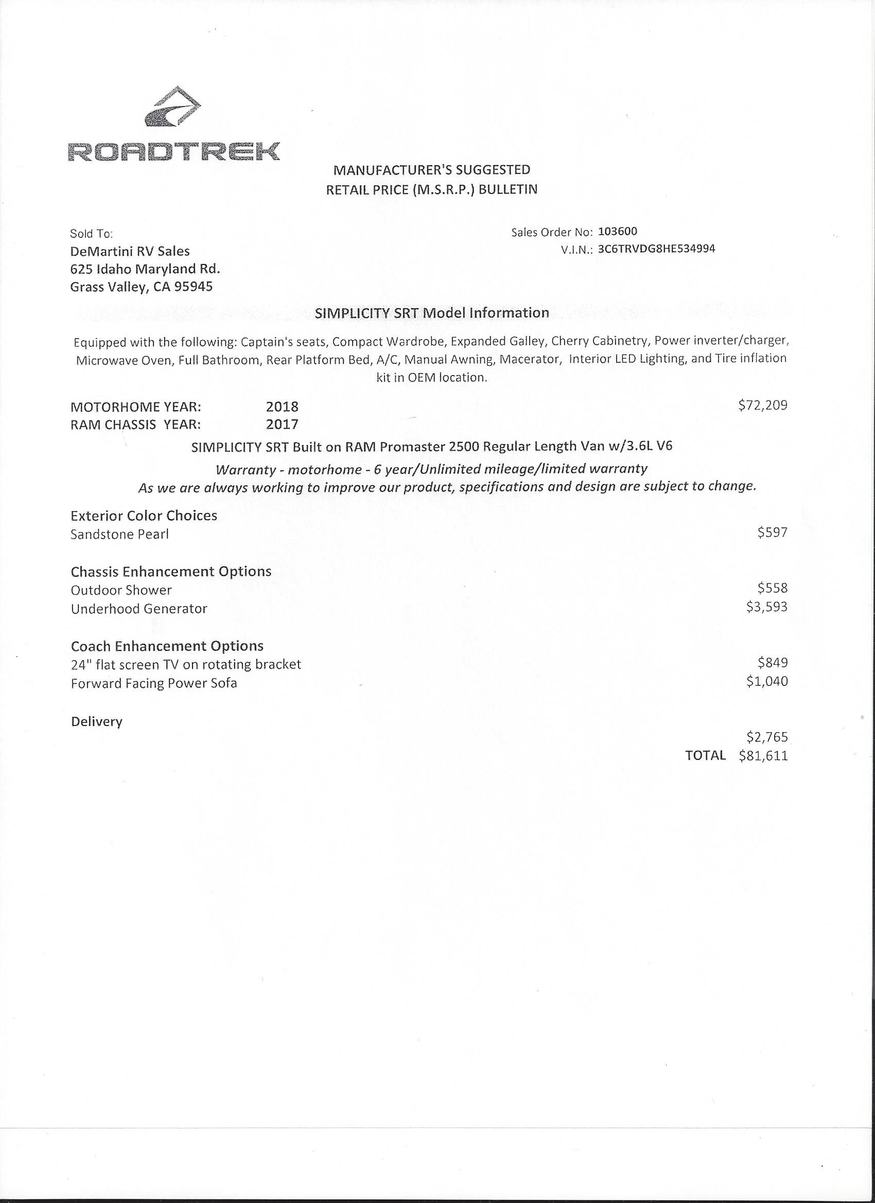 2018 Roadtrek Simplicity SRT MSRP Sheet