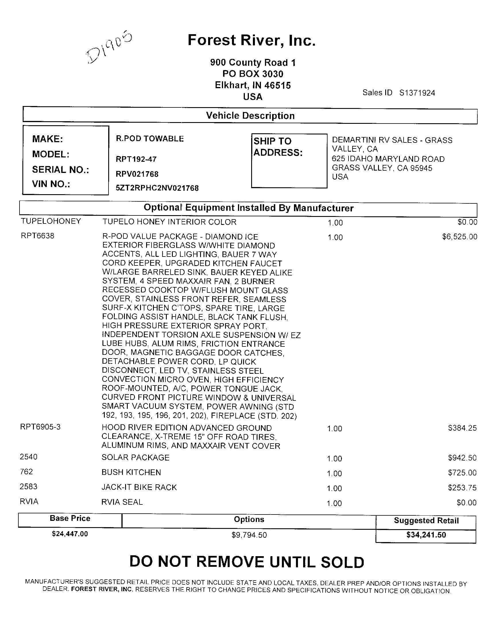 2022 Forest River R-Pod 192 MSRP Sheet