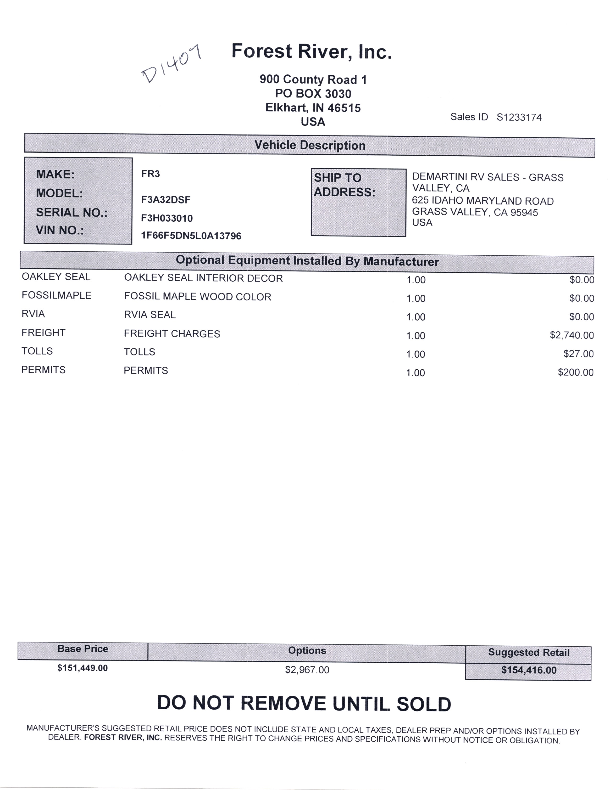 2021 Forest River FR3 32DS MSRP Sheet