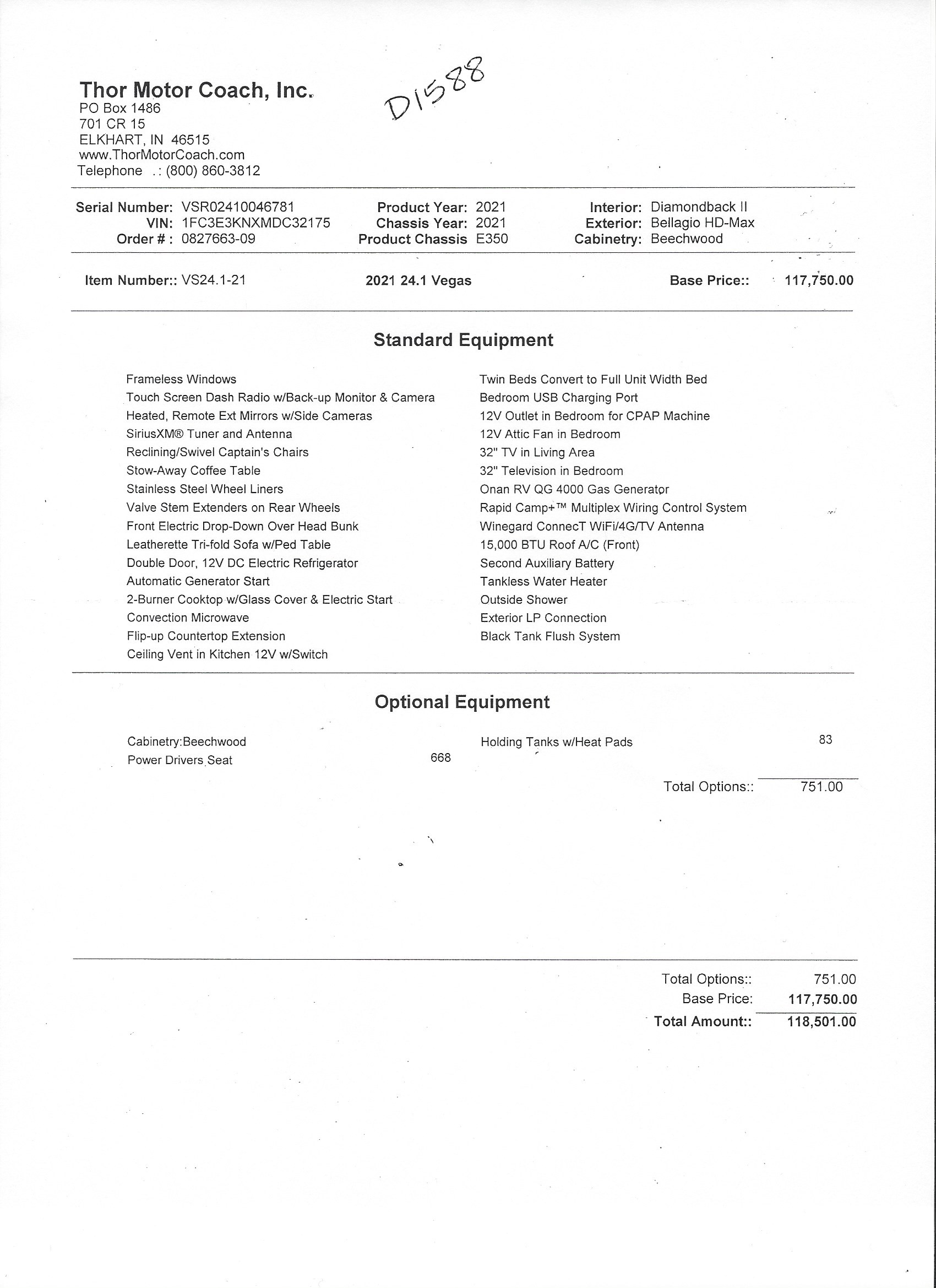 2021 Thor Vegas 24.1 MSRP Sheet