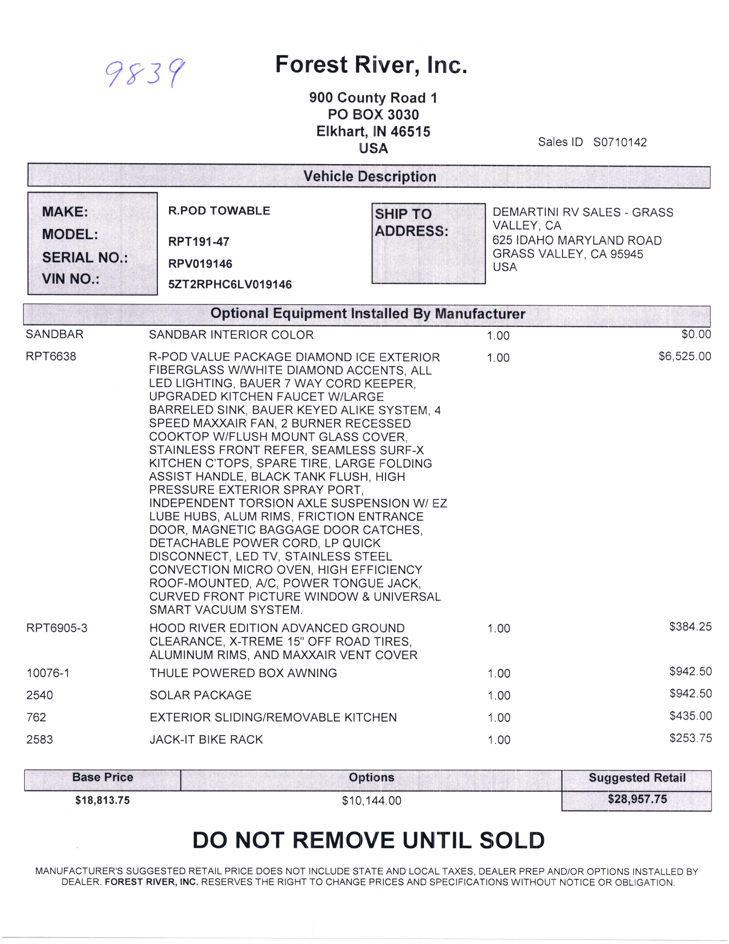 2020 Forest River R-Pod 191 MSRP Sheet