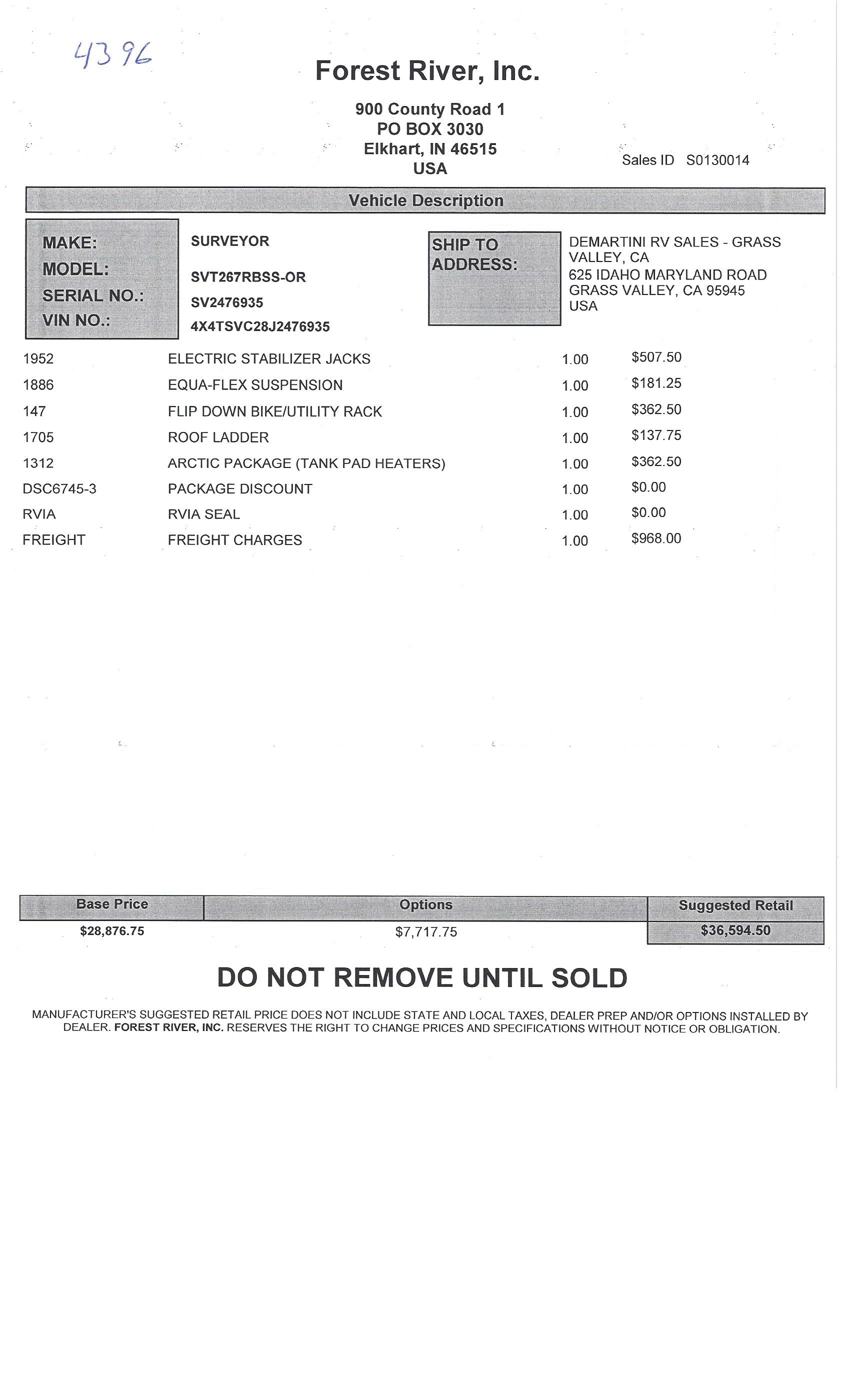 2018 Forest River Surveyor 267RBSS MSRP Sheet