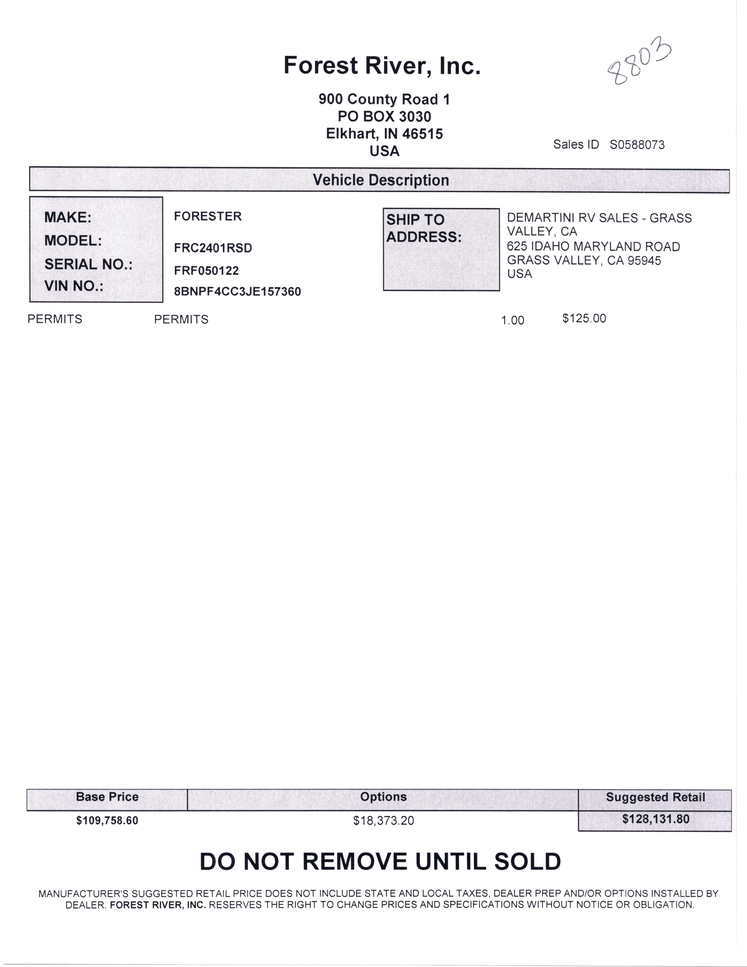 2020 Forest River Forester MBS 2401R MSRP Sheet