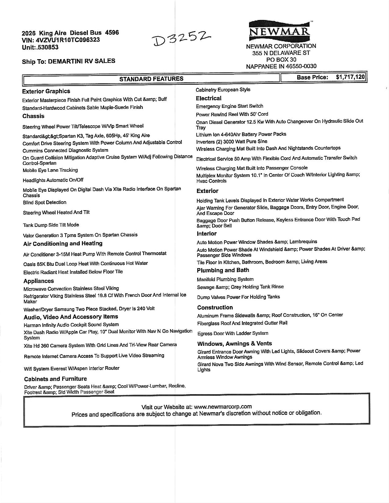 2026 Newmar King Aire 4596 MSRP Sheet
