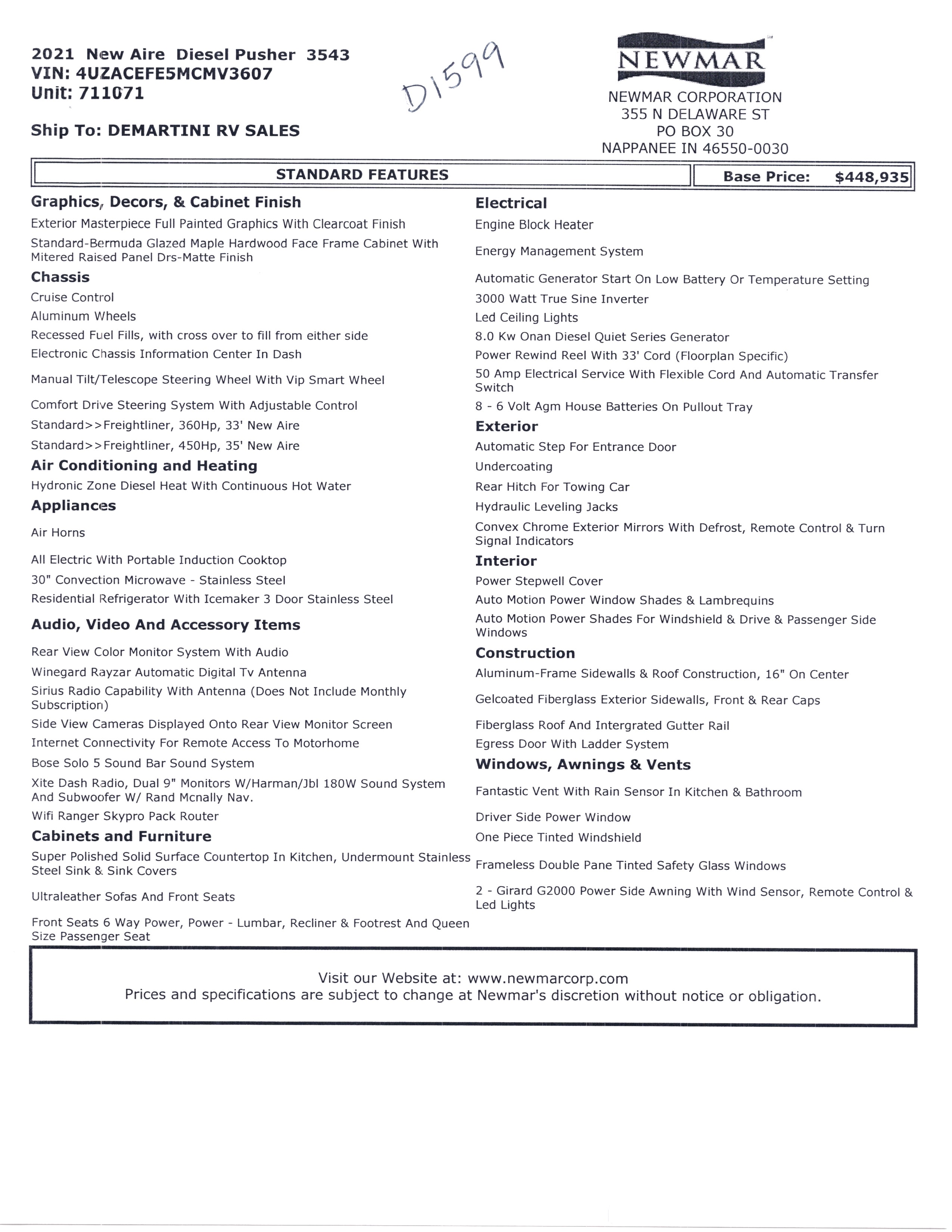 2021 Newmar New Aire 3543 MSRP Sheet