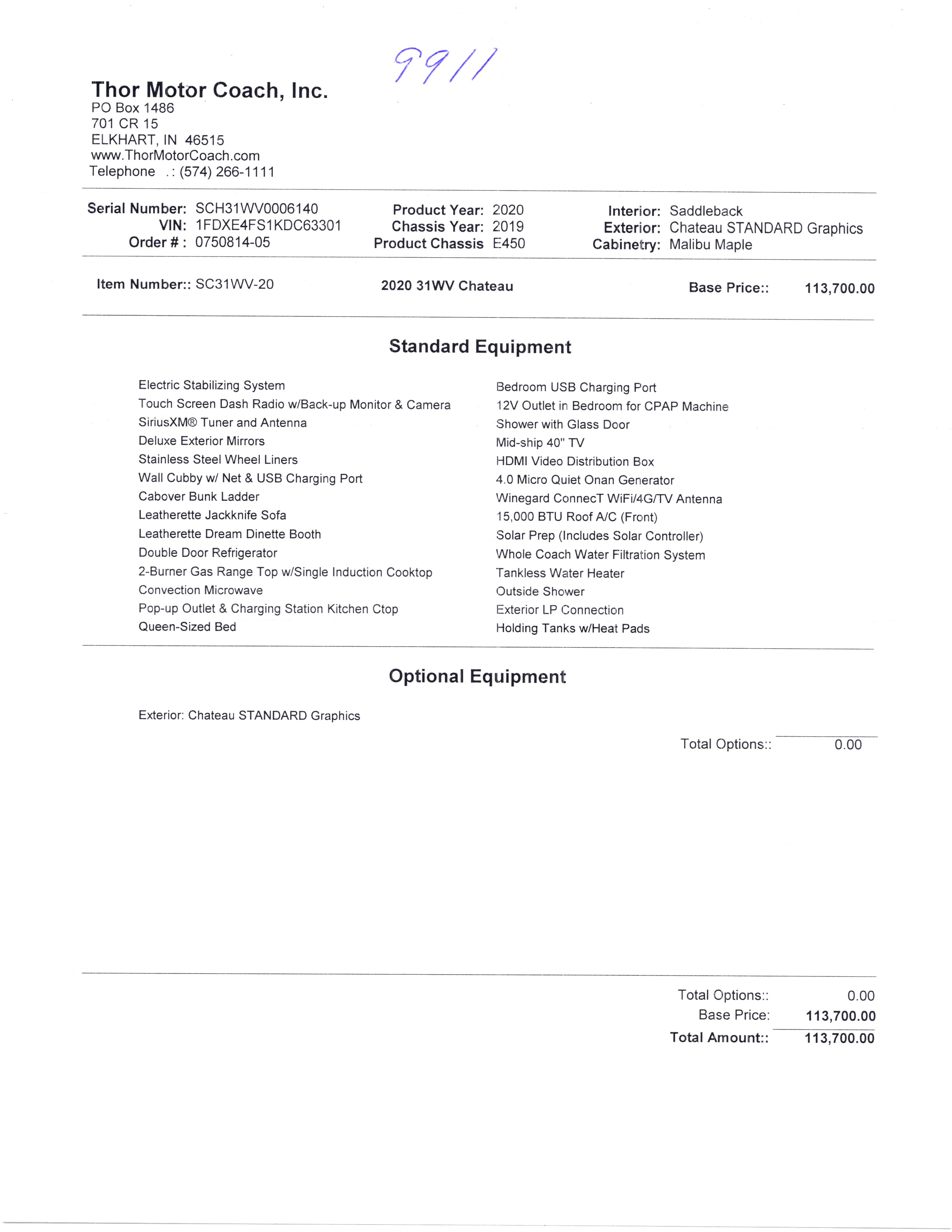 2020 Thor Chateau 31WV MSRP Sheet