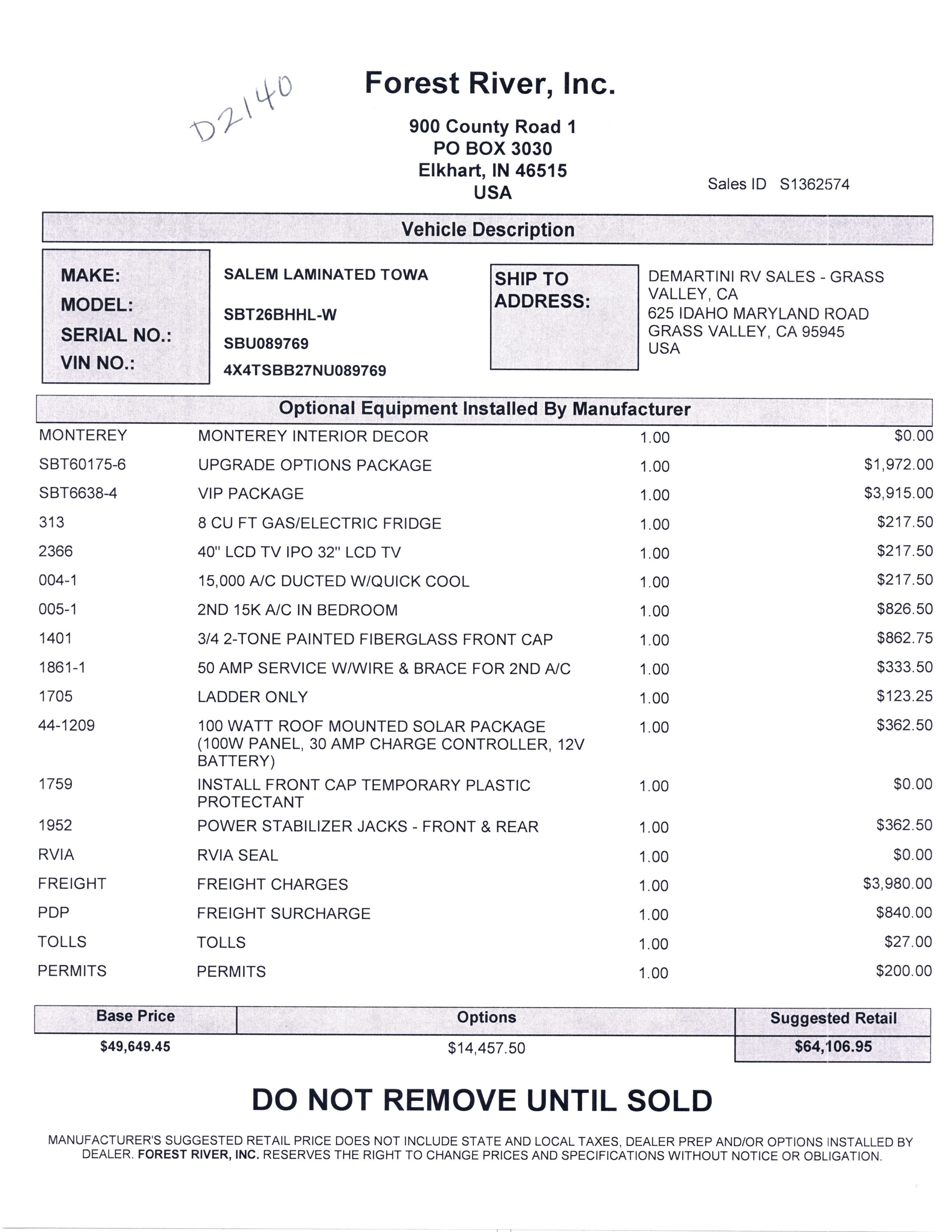 2022 Forest River Salem Hemisphere Hyper-Lyte 26BHHL MSRP Sheet