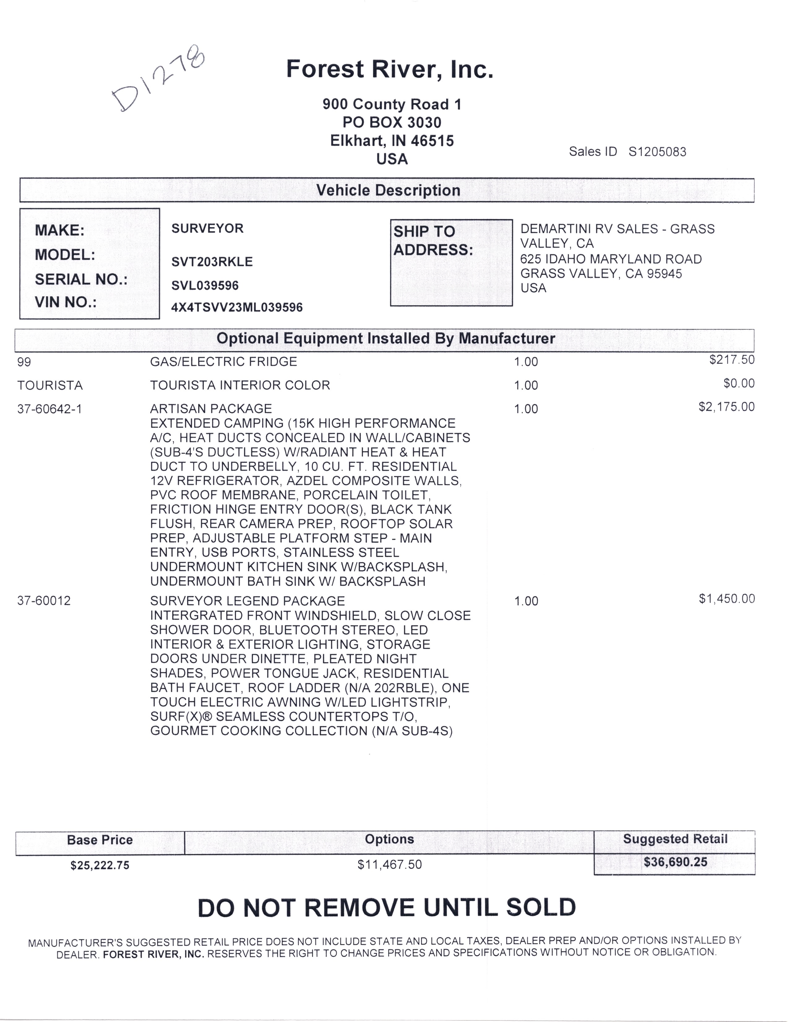 2021 Forest River Surveyor Legend 203RKLE MSRP Sheet