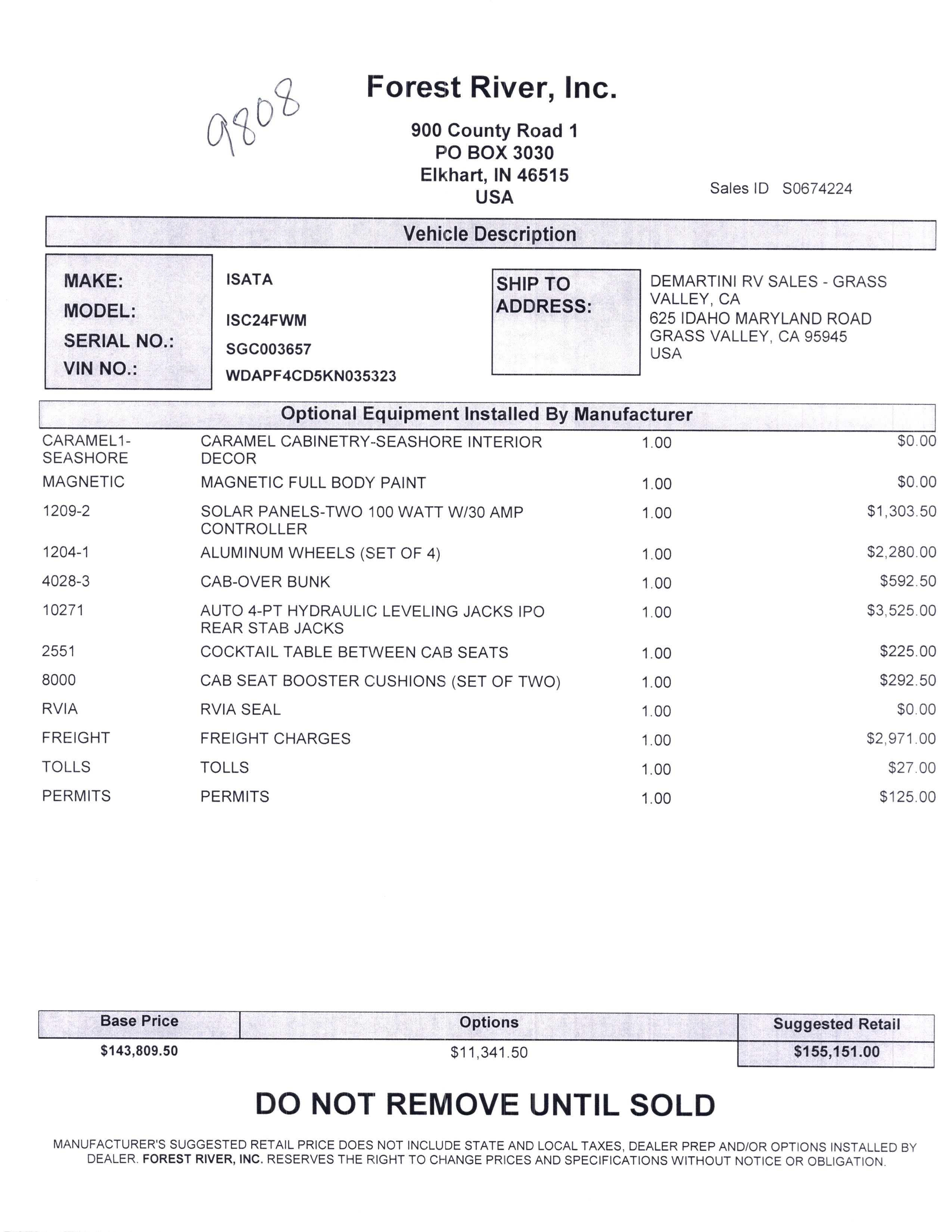 2020 Dynamax Isata 3 24FW MSRP Sheet