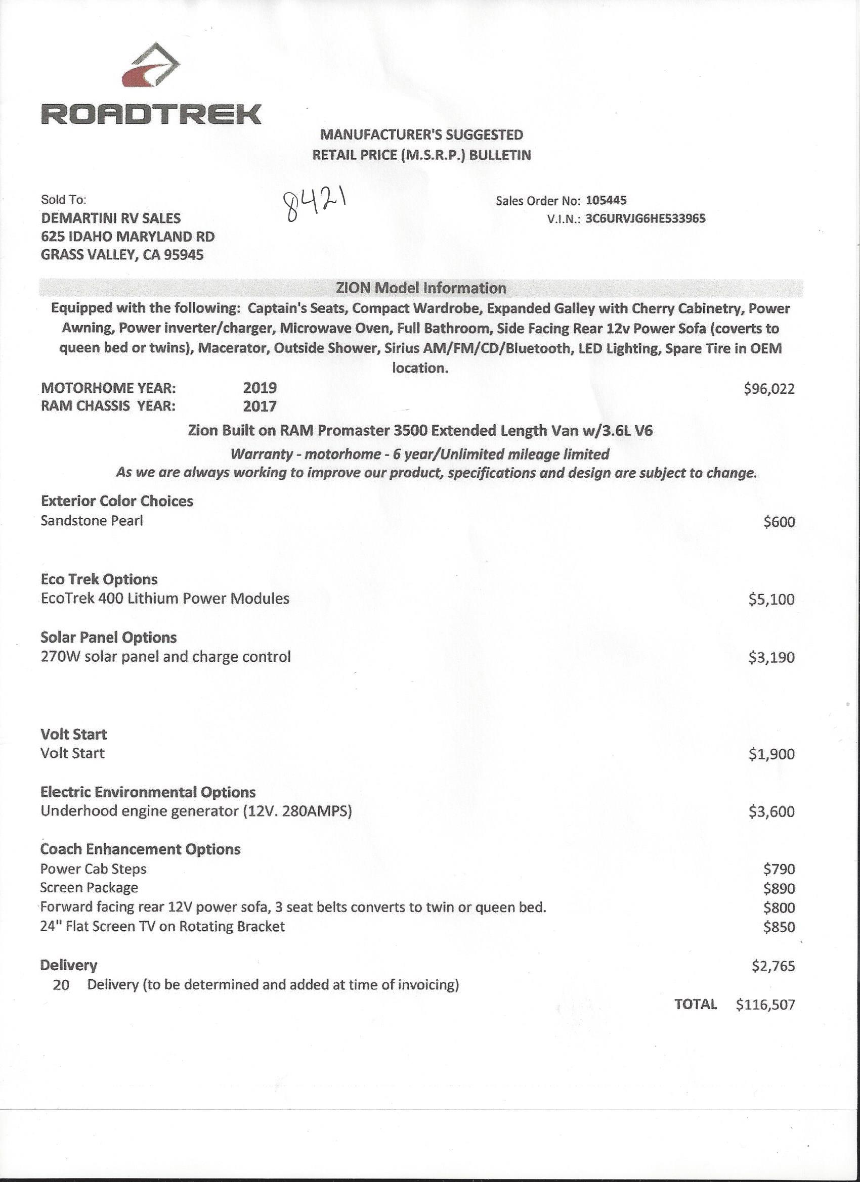 2019 Roadtrek Zion MSRP Sheet