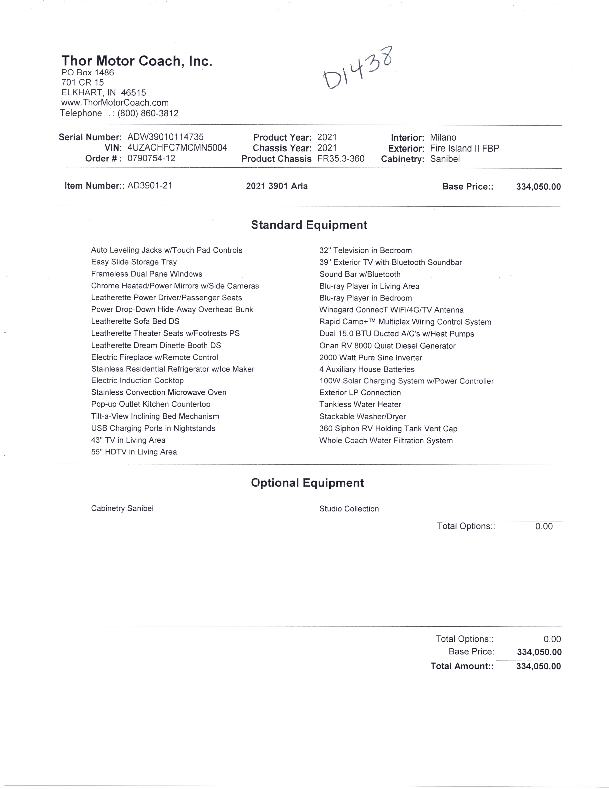 2021 Thor Aria 3901 MSRP Sheet