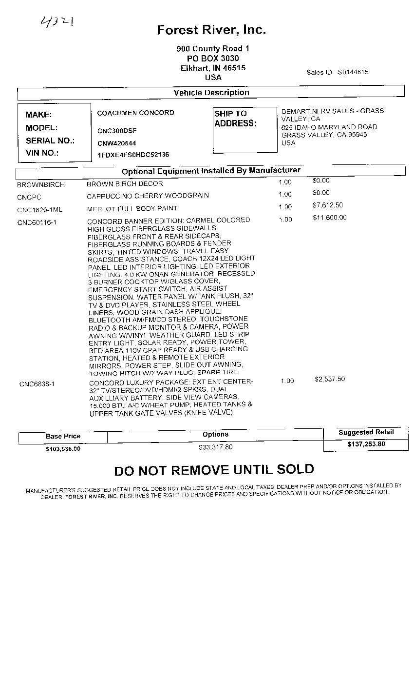 2018 Coachme Concord 300DS MSRP Sheet