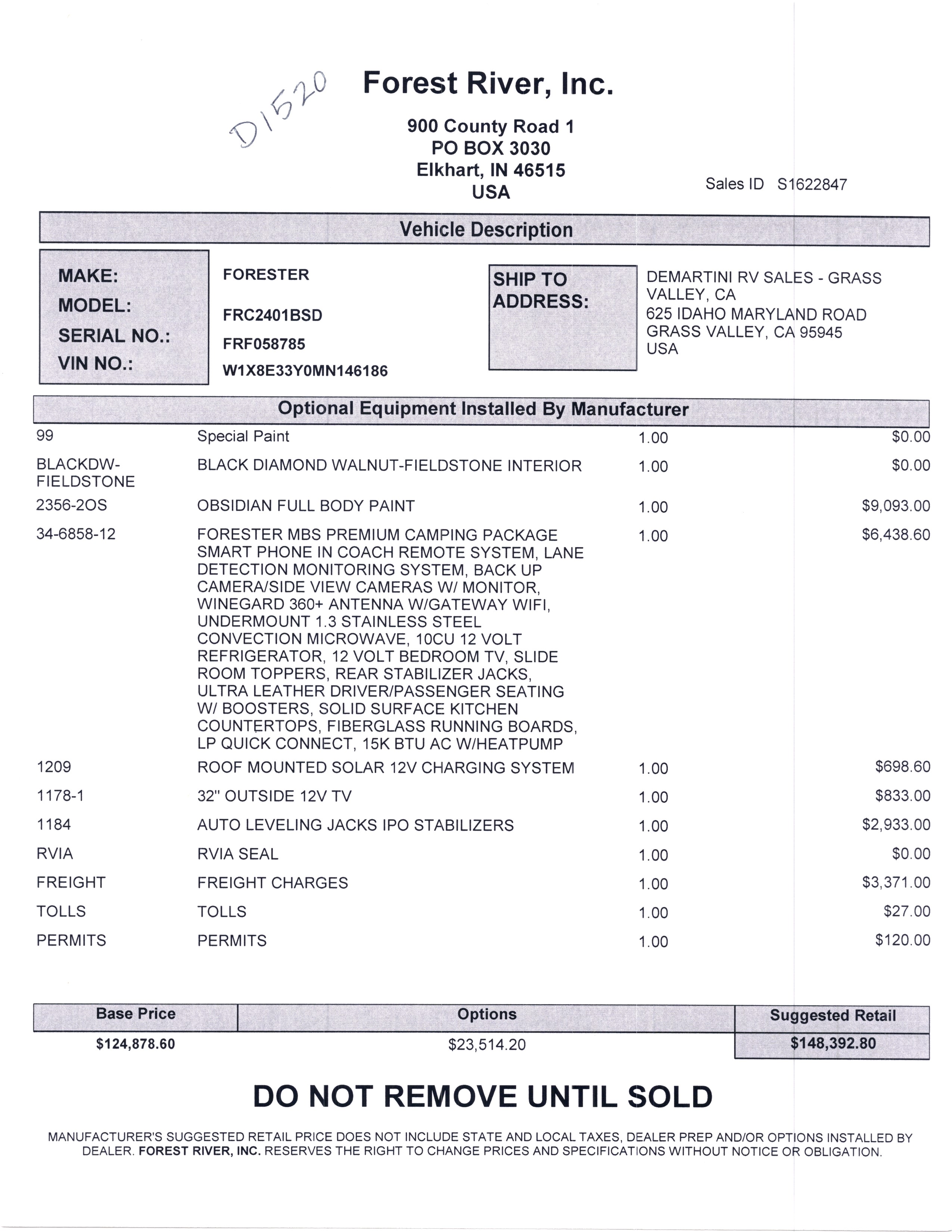 2021 Forest River Forester 2401B MSRP Sheet