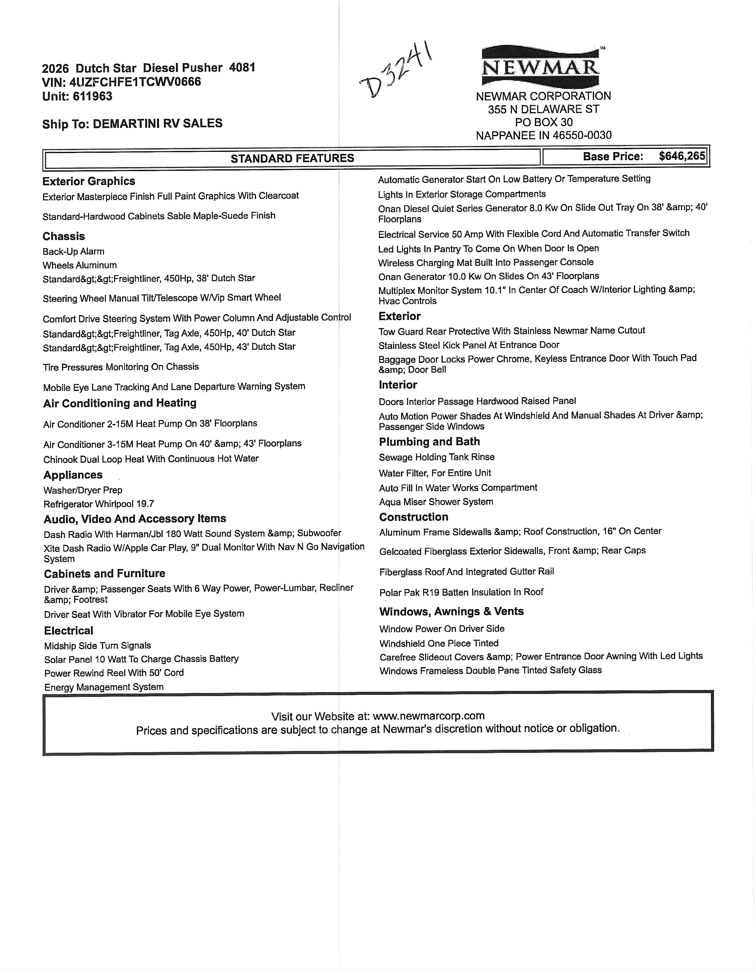 2026 Newmar Dutch Star 4081 MSRP Sheet