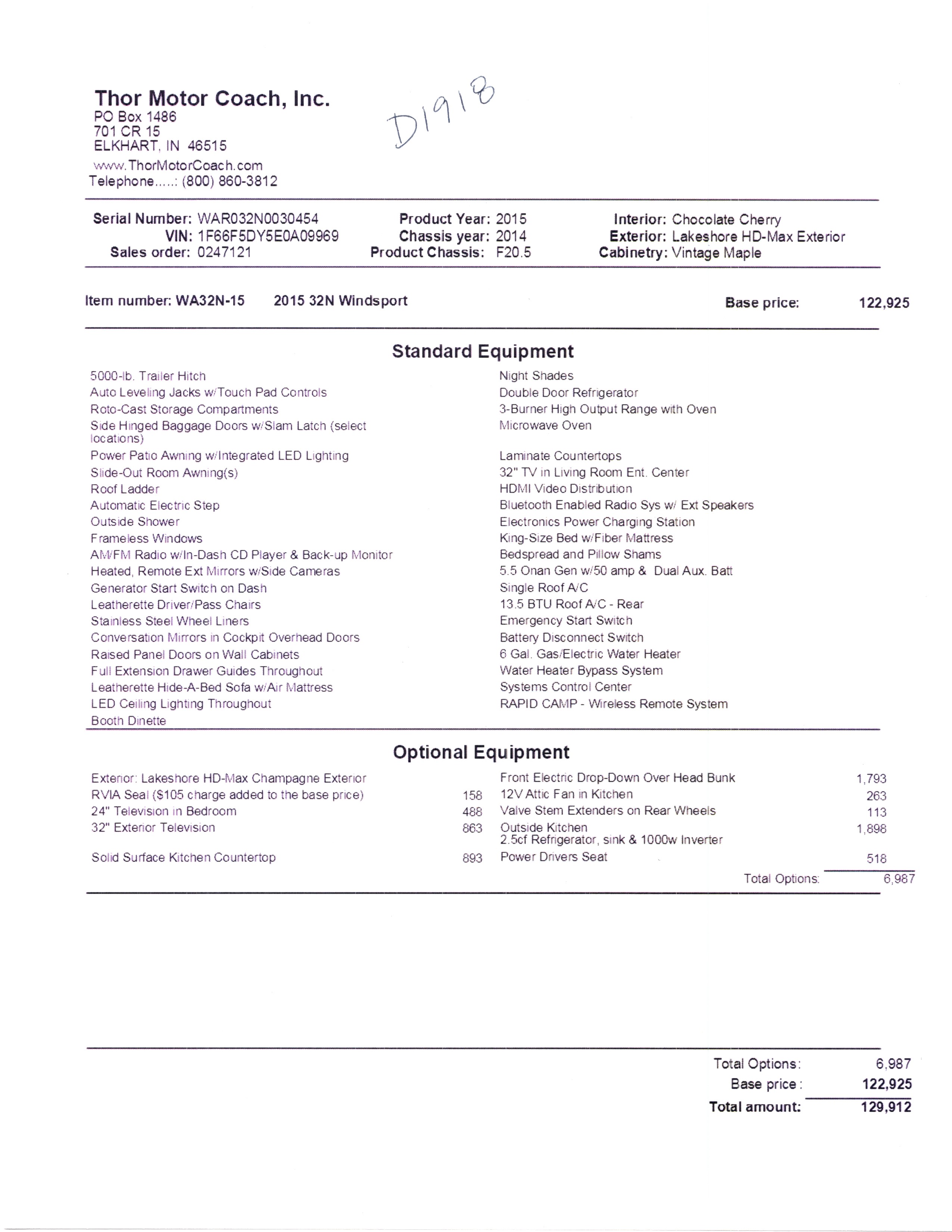 2015 Thor Windsport 32N MSRP Sheet