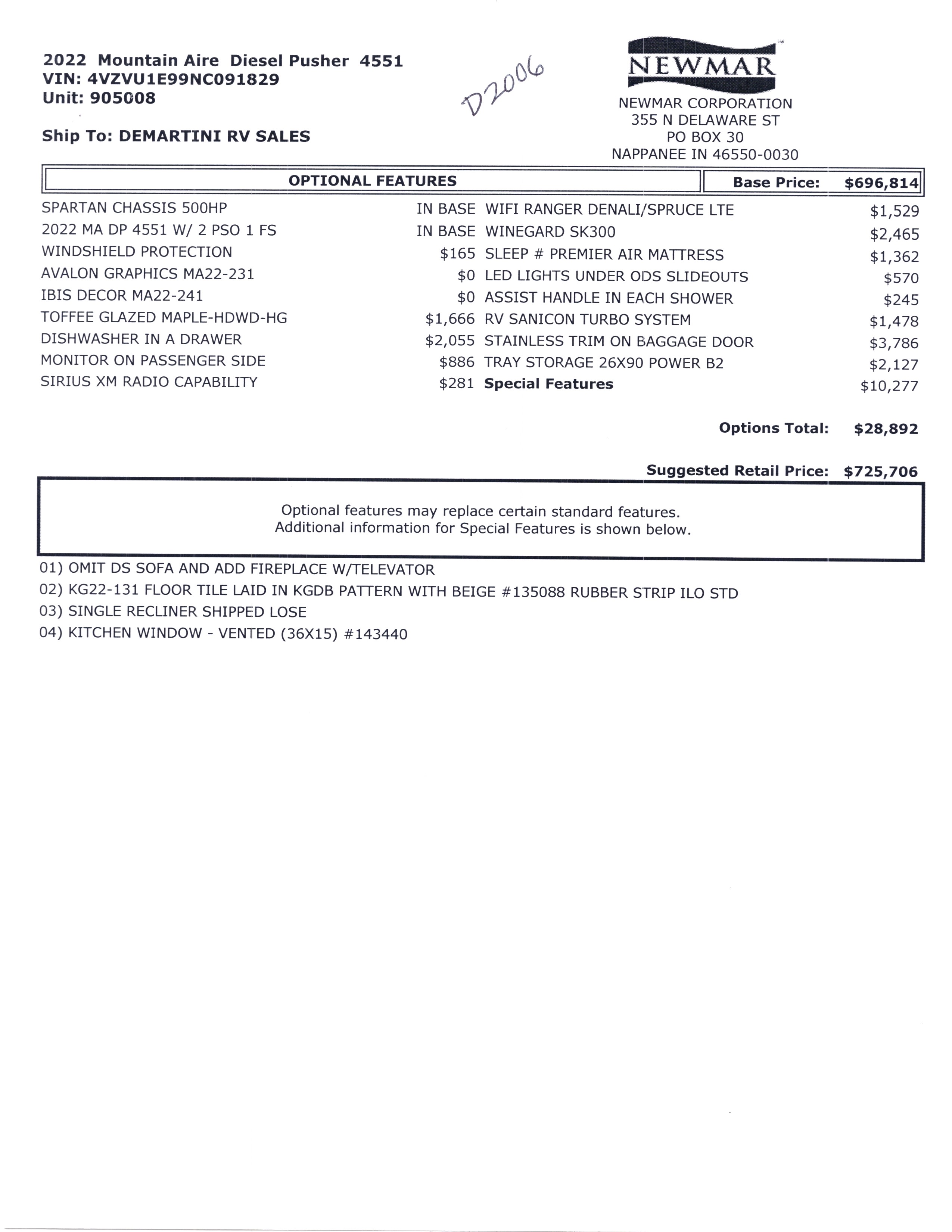 2022 Newmar Mountain Aire 4551 MSRP Sheet