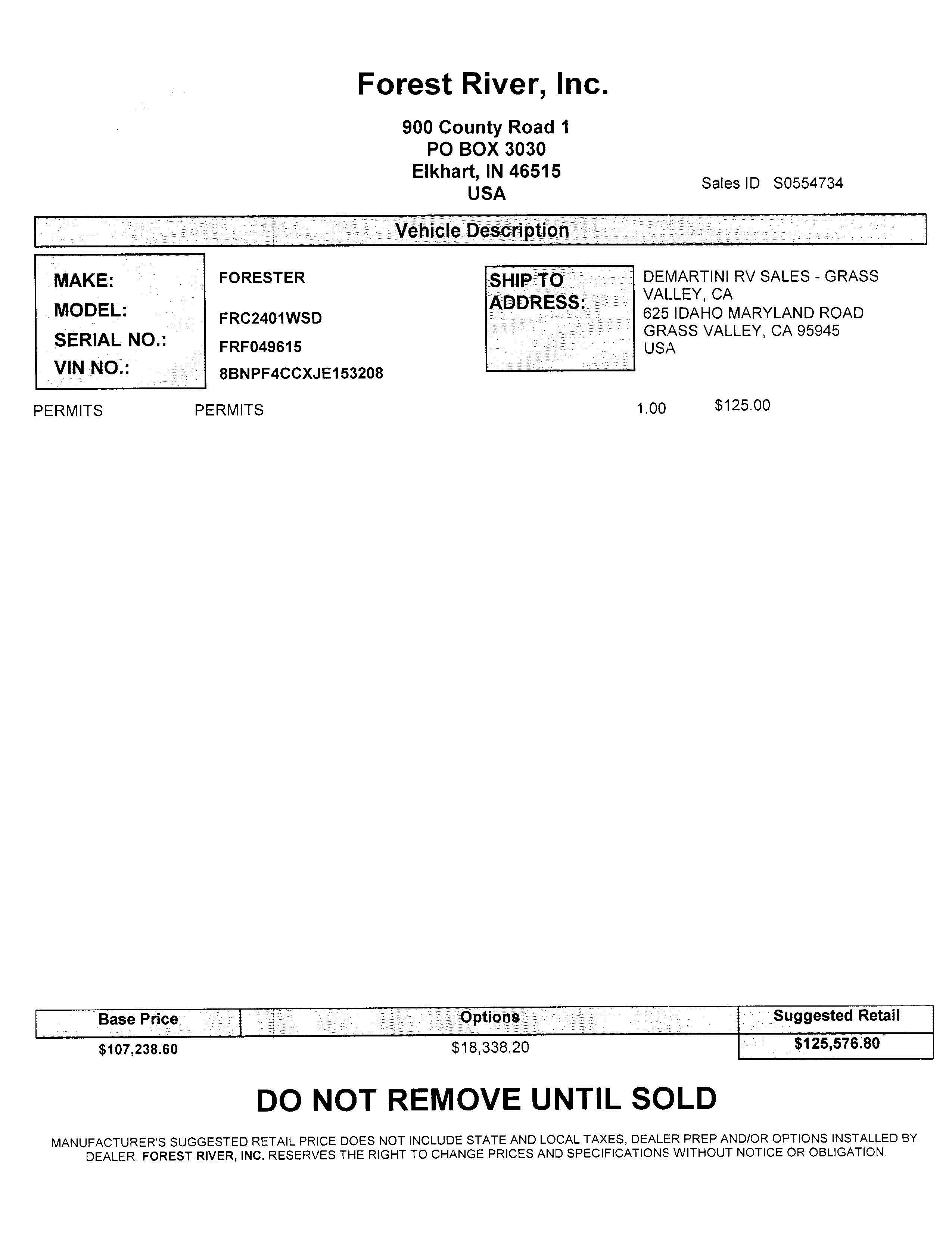 2020 Forest River Forester MBS 2401W MSRP Sheet