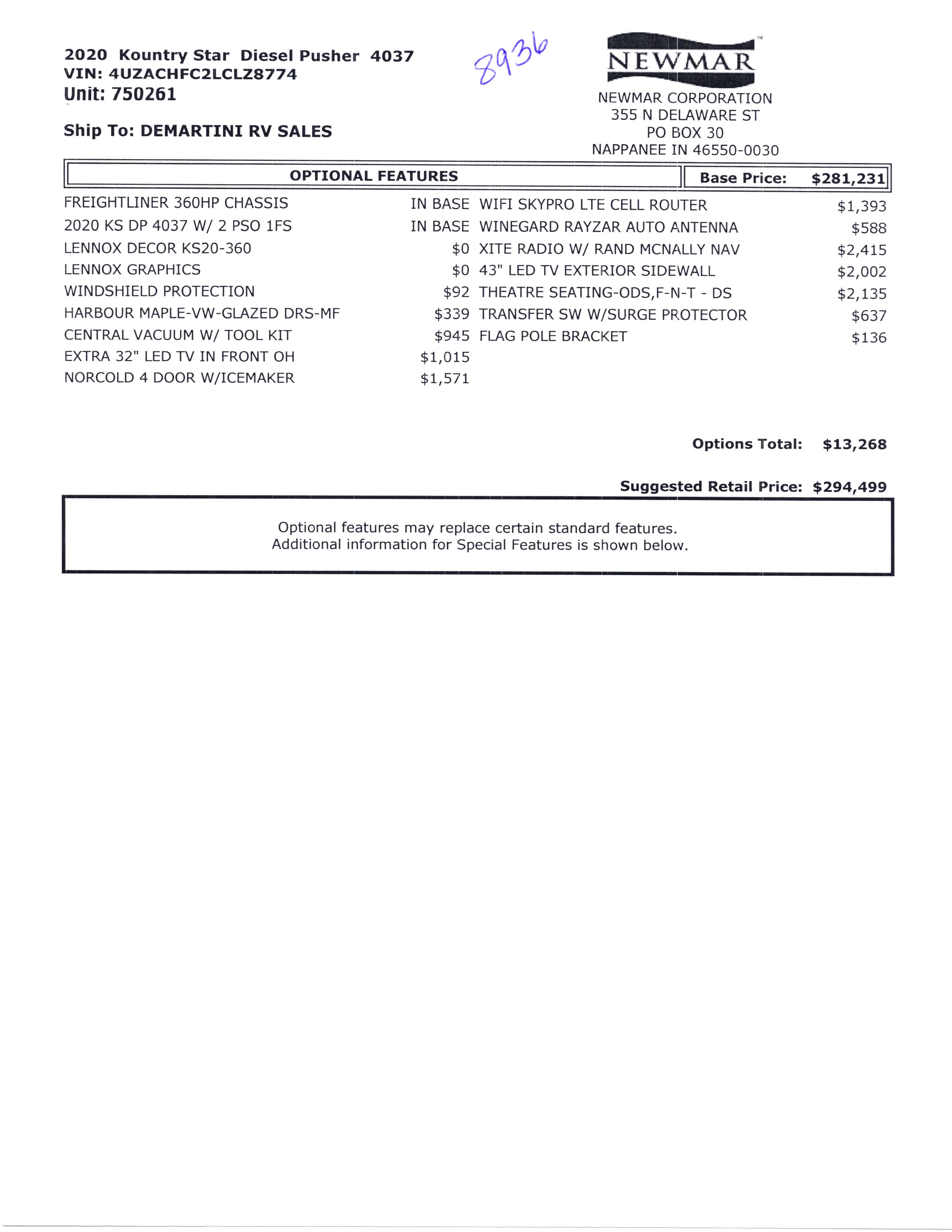 2020 Newmar Kountry Star 4037 MSRP Sheet