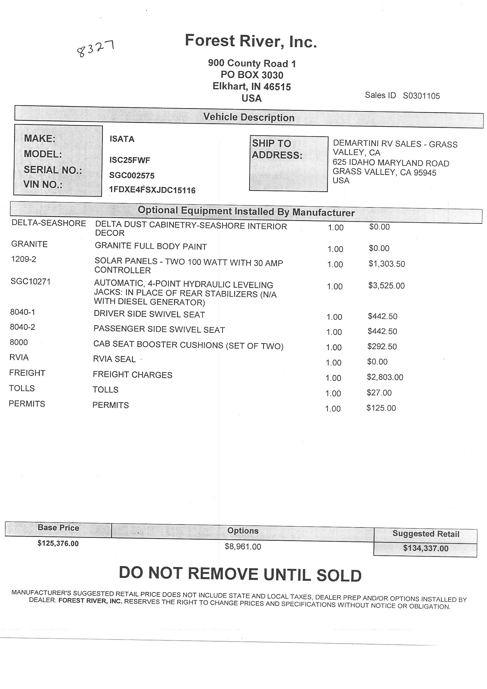 2019 Dynamax Isata 4 25FW MSRP Sheet