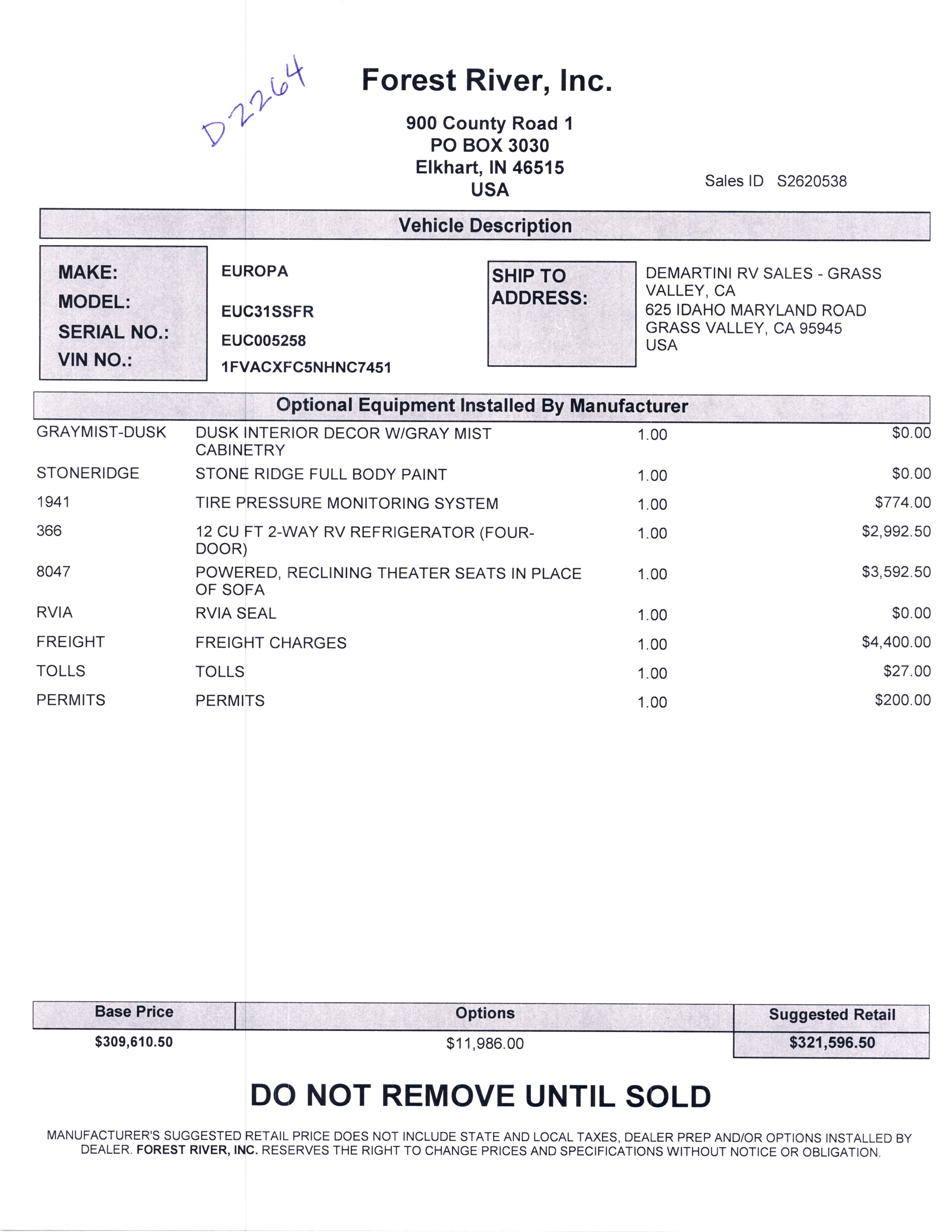 2022 Dynamax Europa 31SS MSRP Sheet