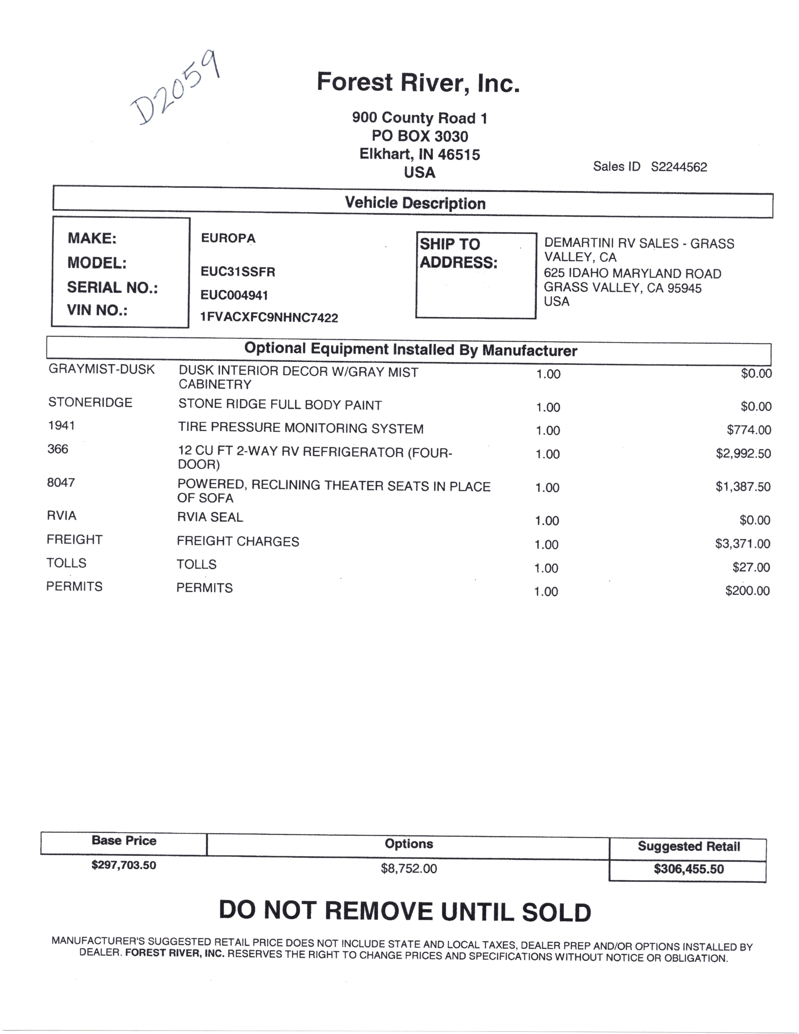 2022 Dynamax Europa 31SS MSRP Sheet