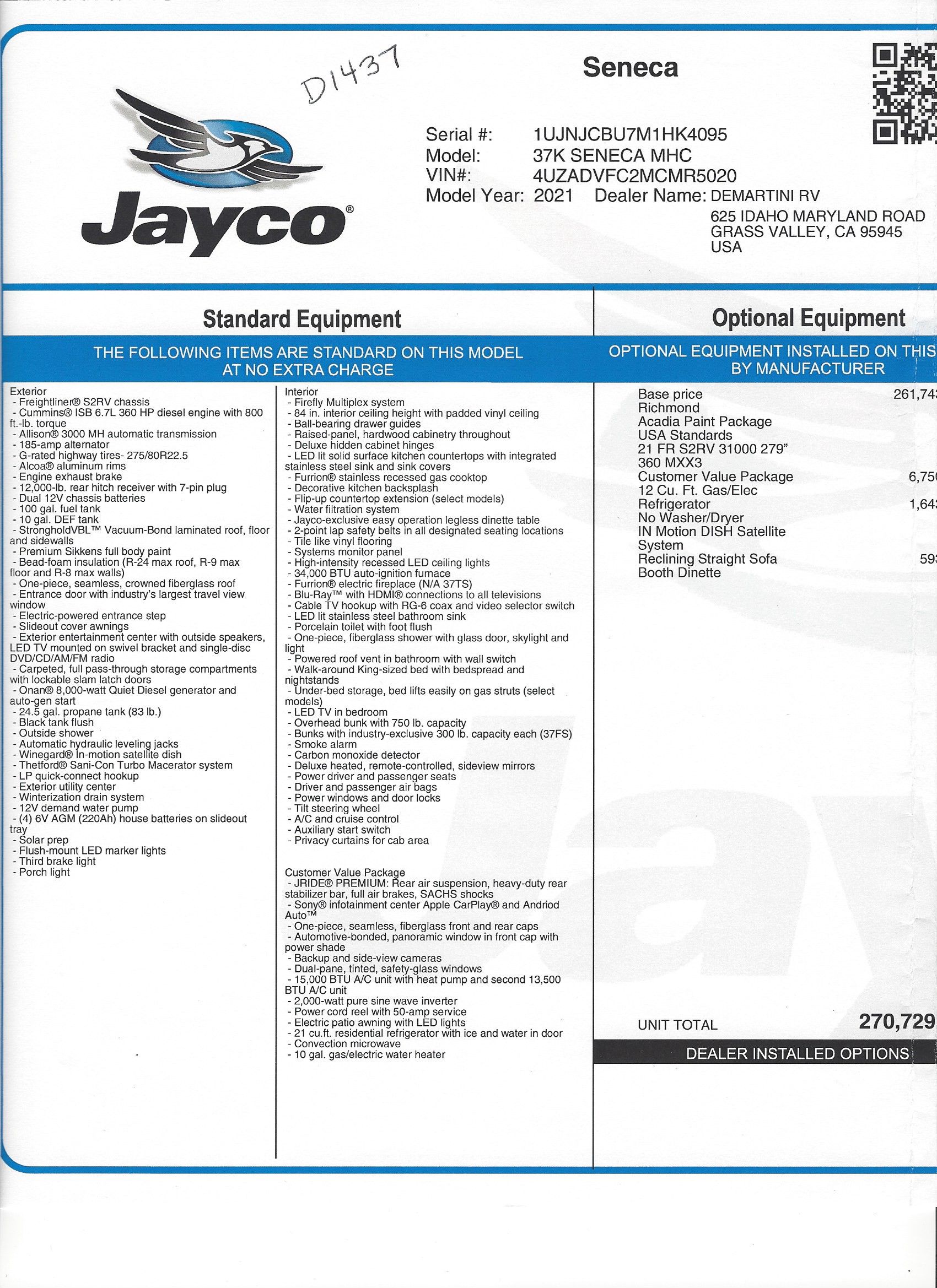 2021 Jayco Seneca 37K MSRP Sheet