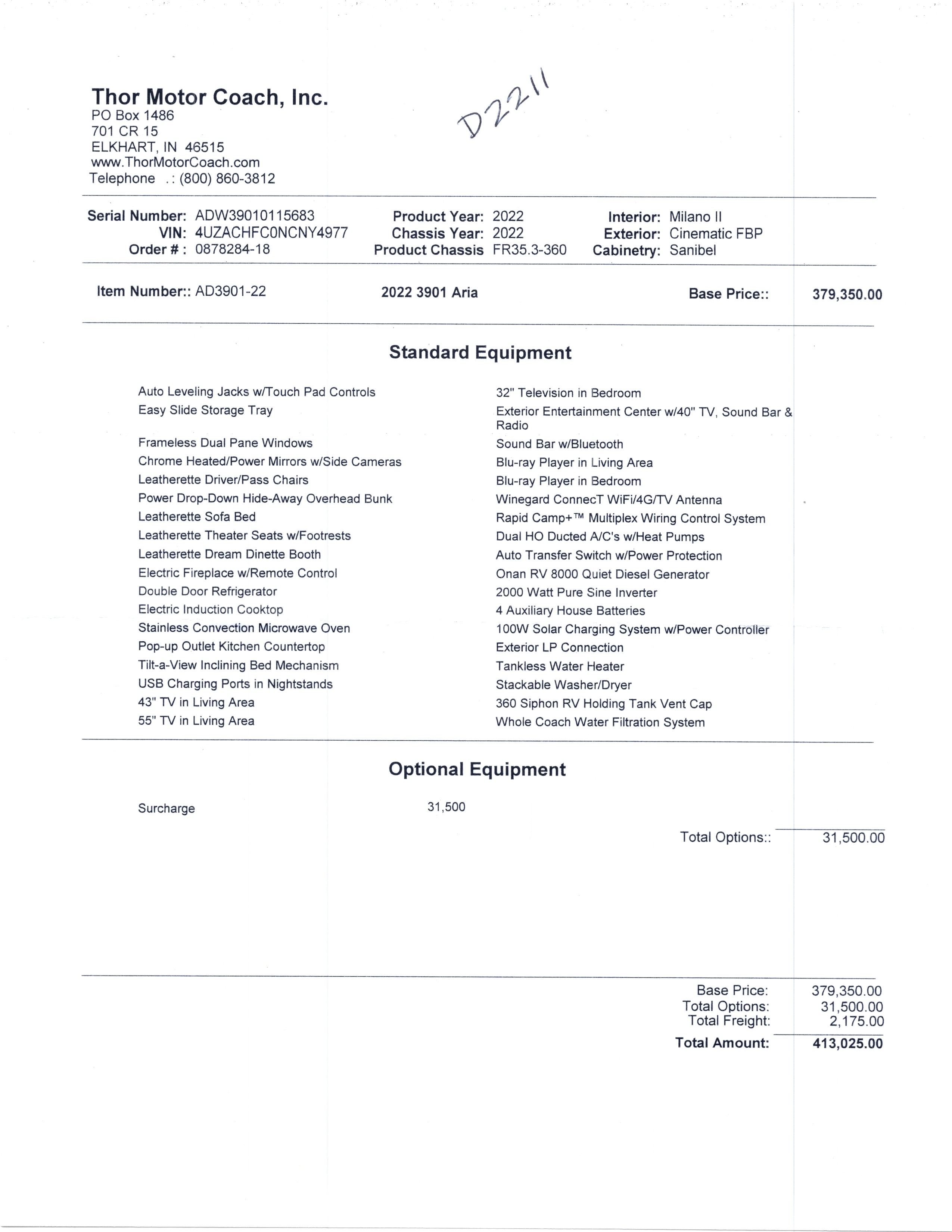 2022 Thor Aria 3901 MSRP Sheet