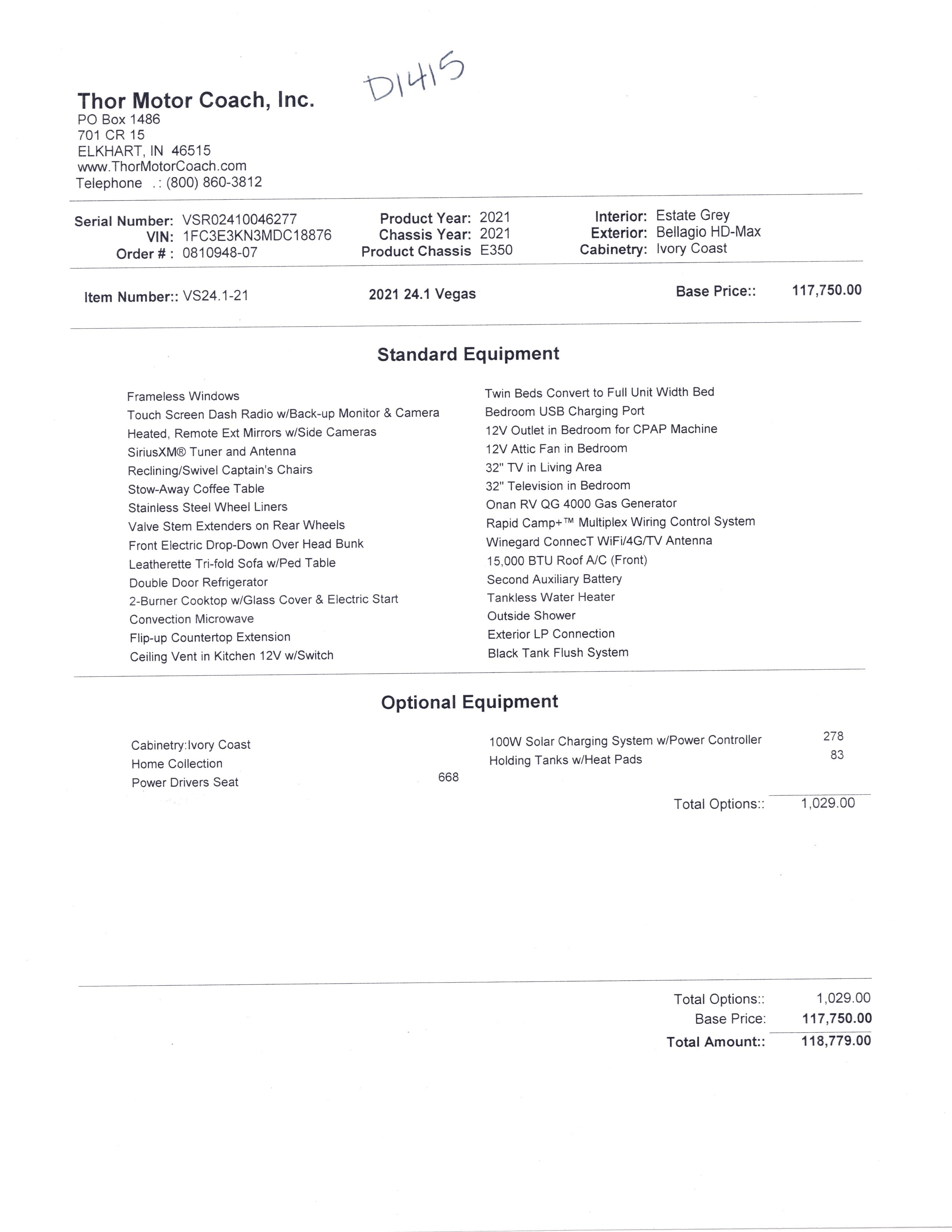 2021 Thor Vegas 24.1 MSRP Sheet