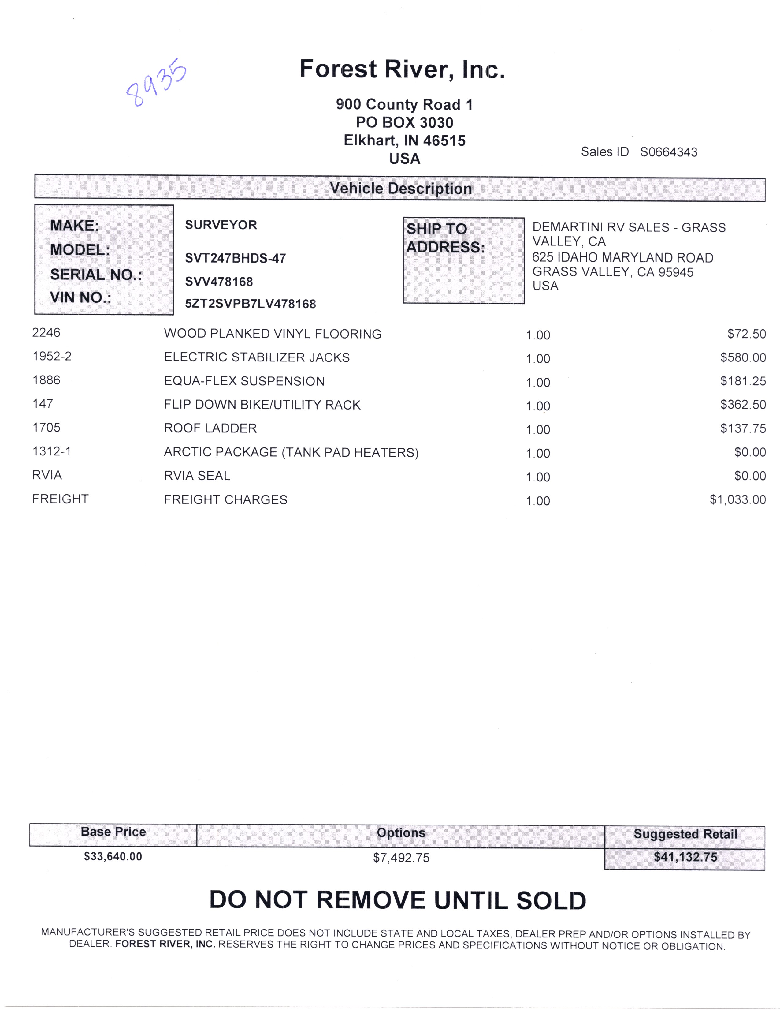 2020 Forest River Surveyor Luxury 247BHDS MSRP Sheet