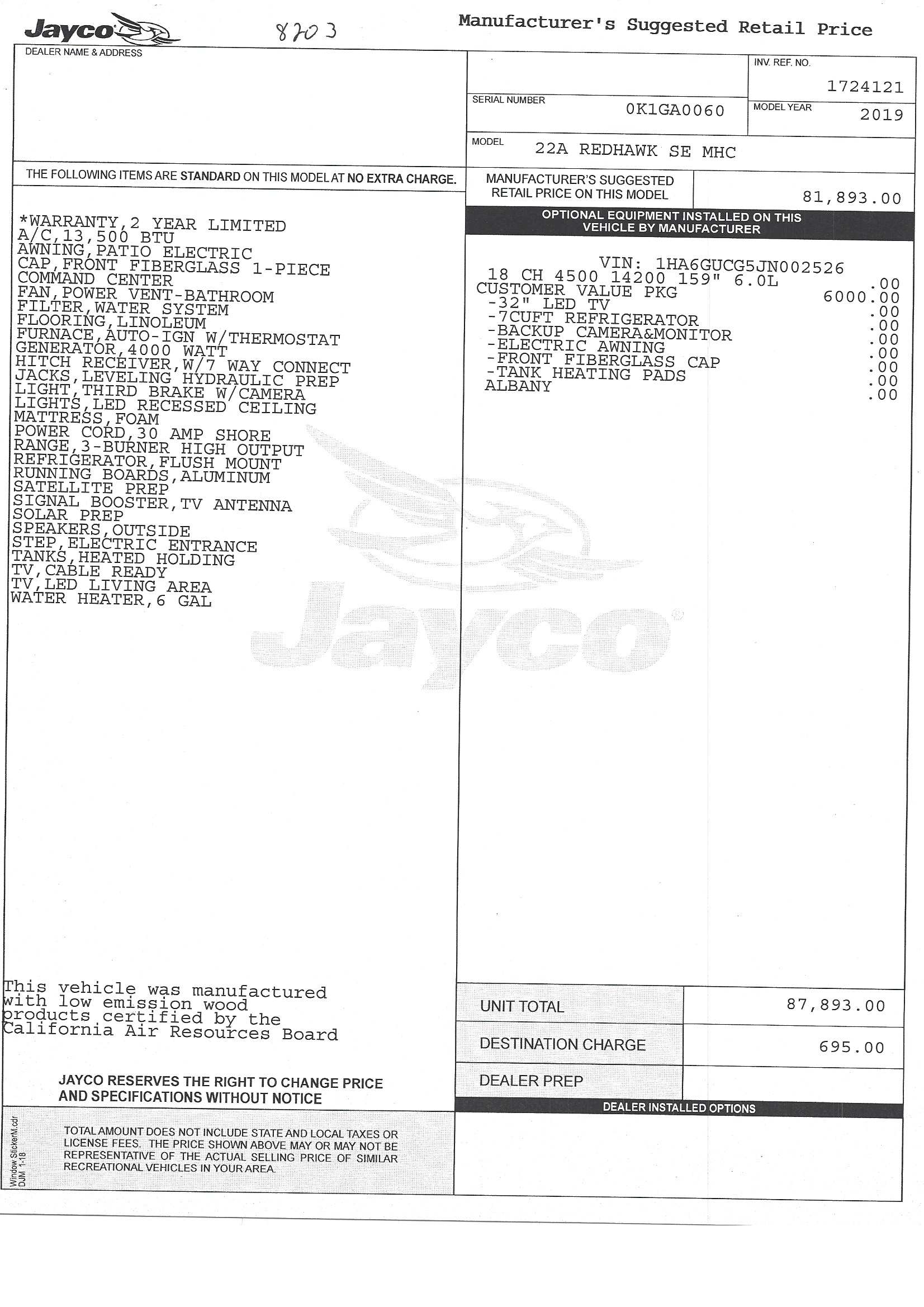 2019 Jayco Redhawk SE 22A MSRP Sheet