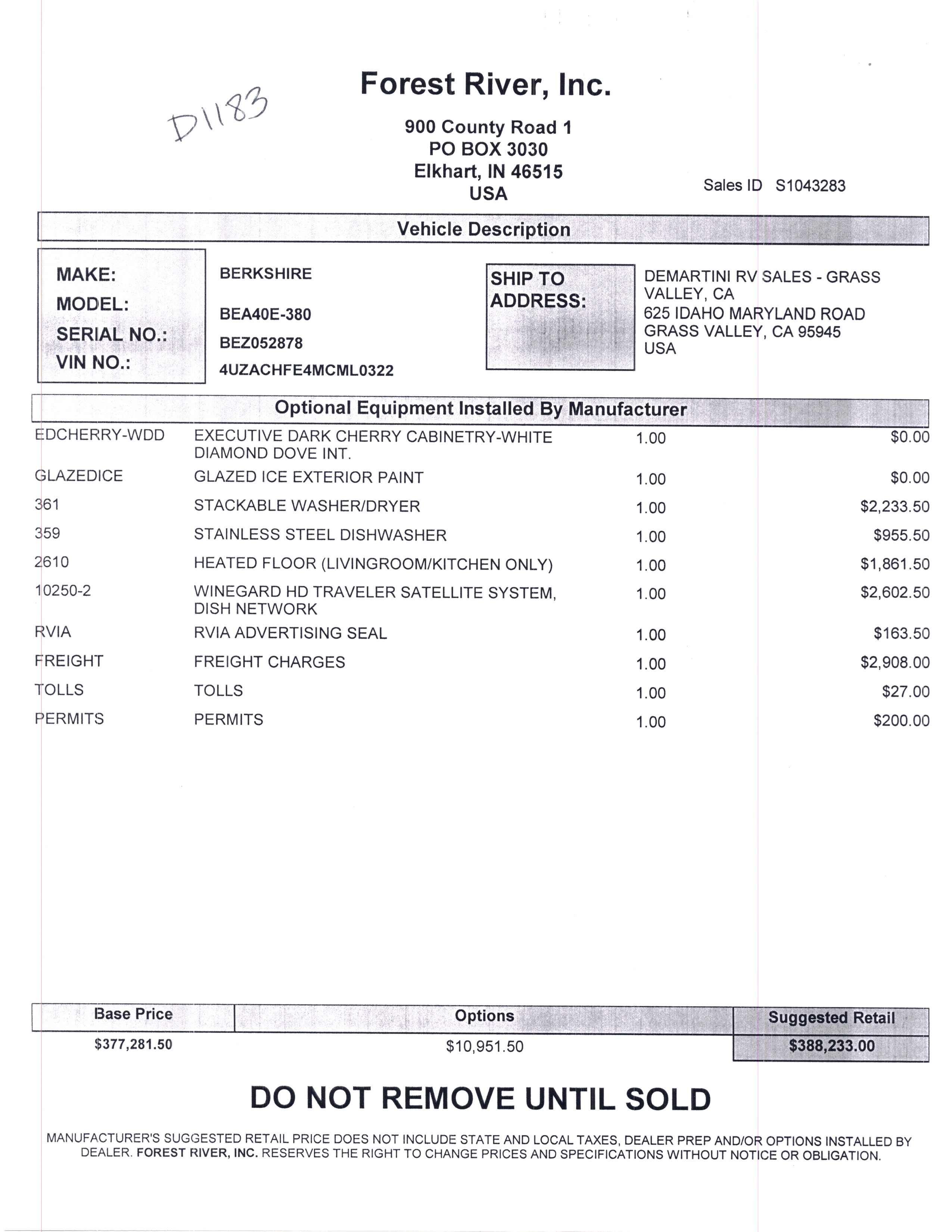 2021 Forest River Berkshire XL 40E MSRP Sheet