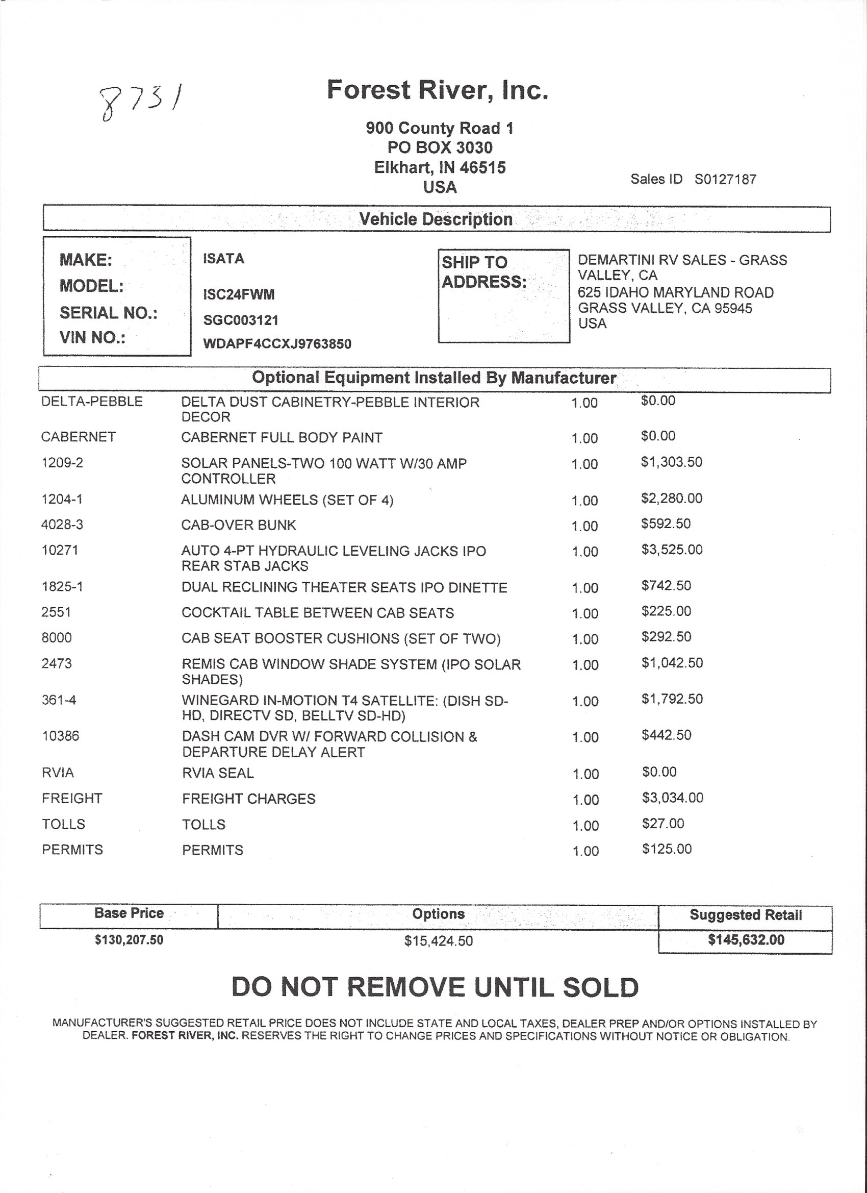 2019 Dynamax Isata 3 24FW MSRP Sheet