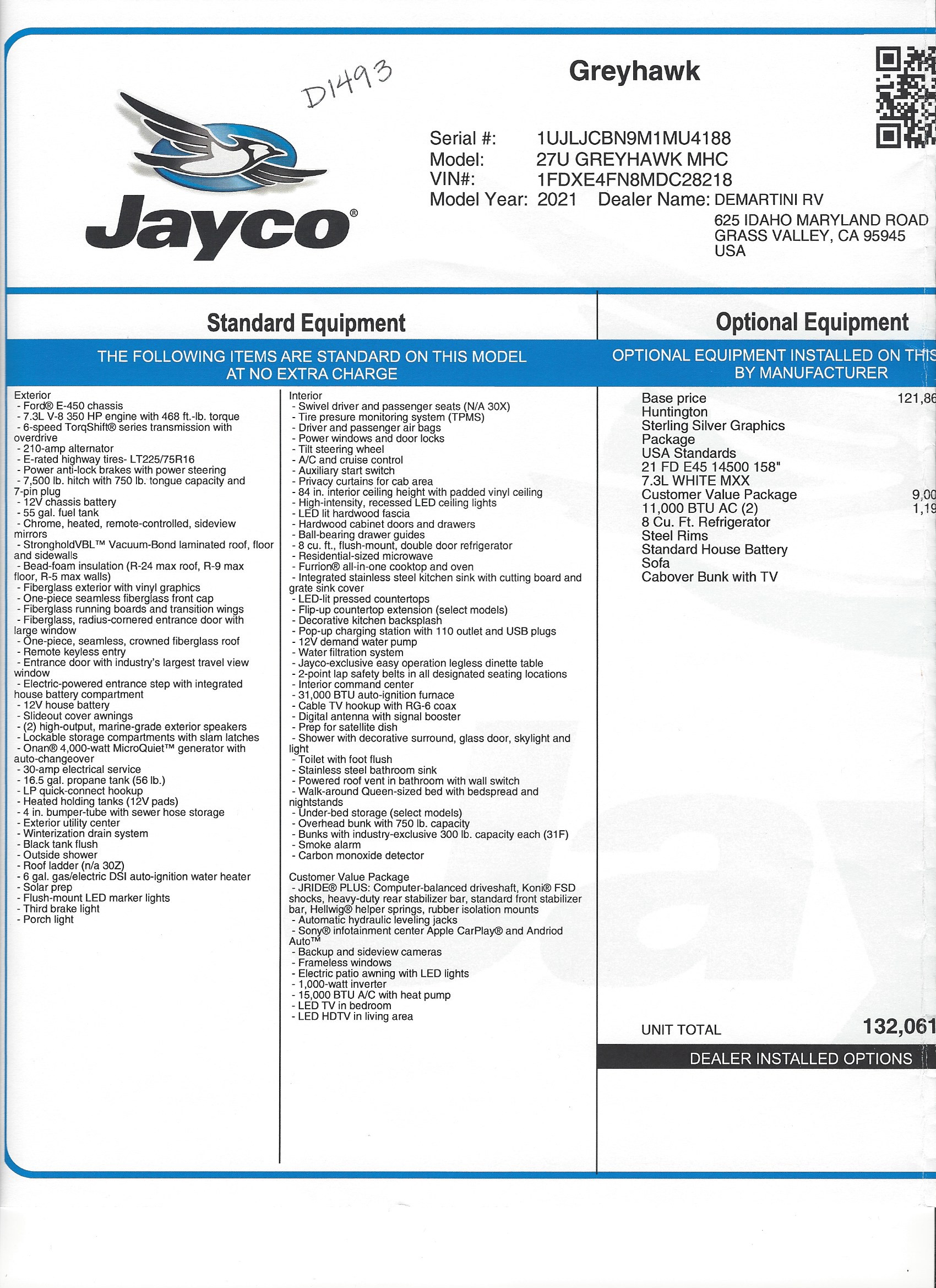 2021 Jayco Greyhawk 27U MSRP Sheet