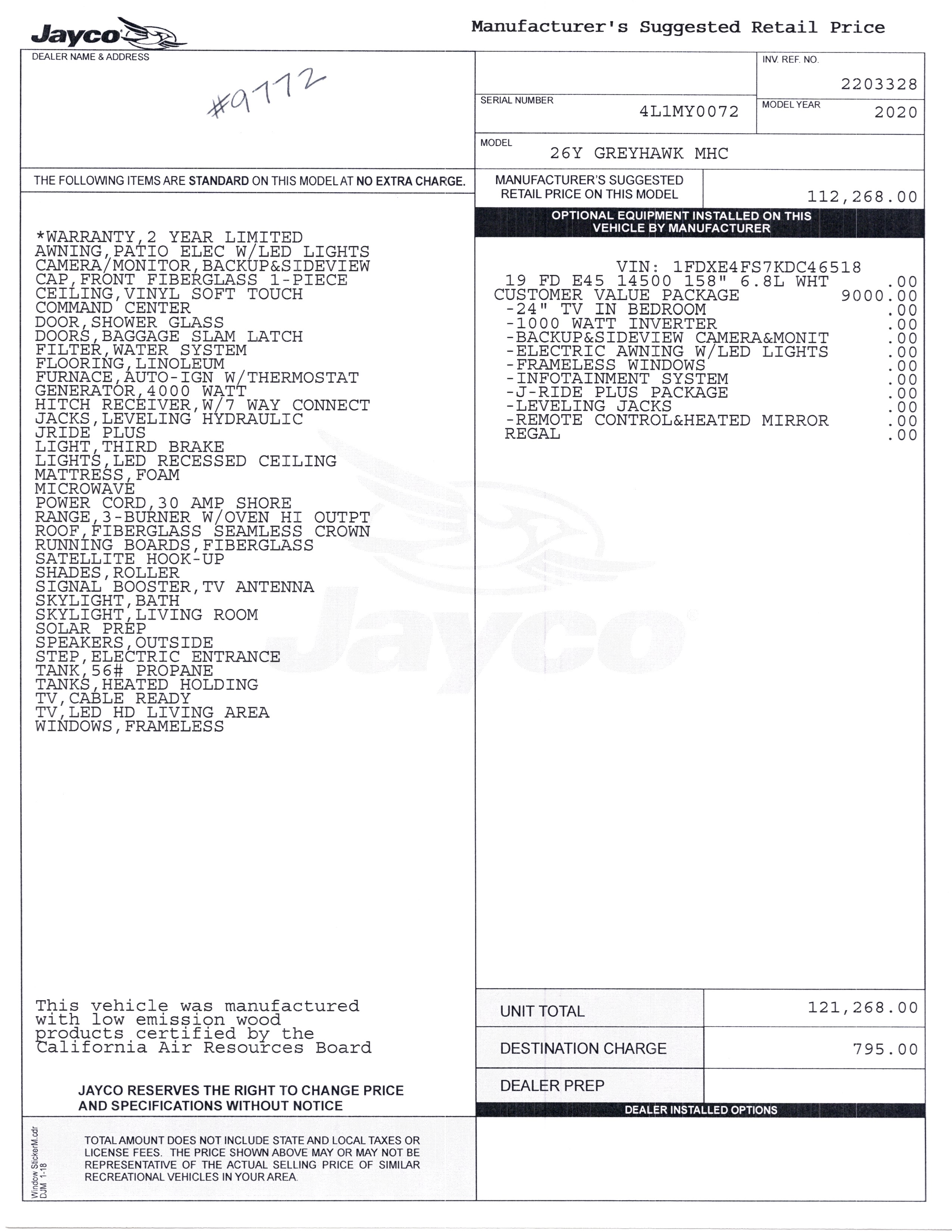 2020 Jayco Greyhawk 26Y MSRP Sheet