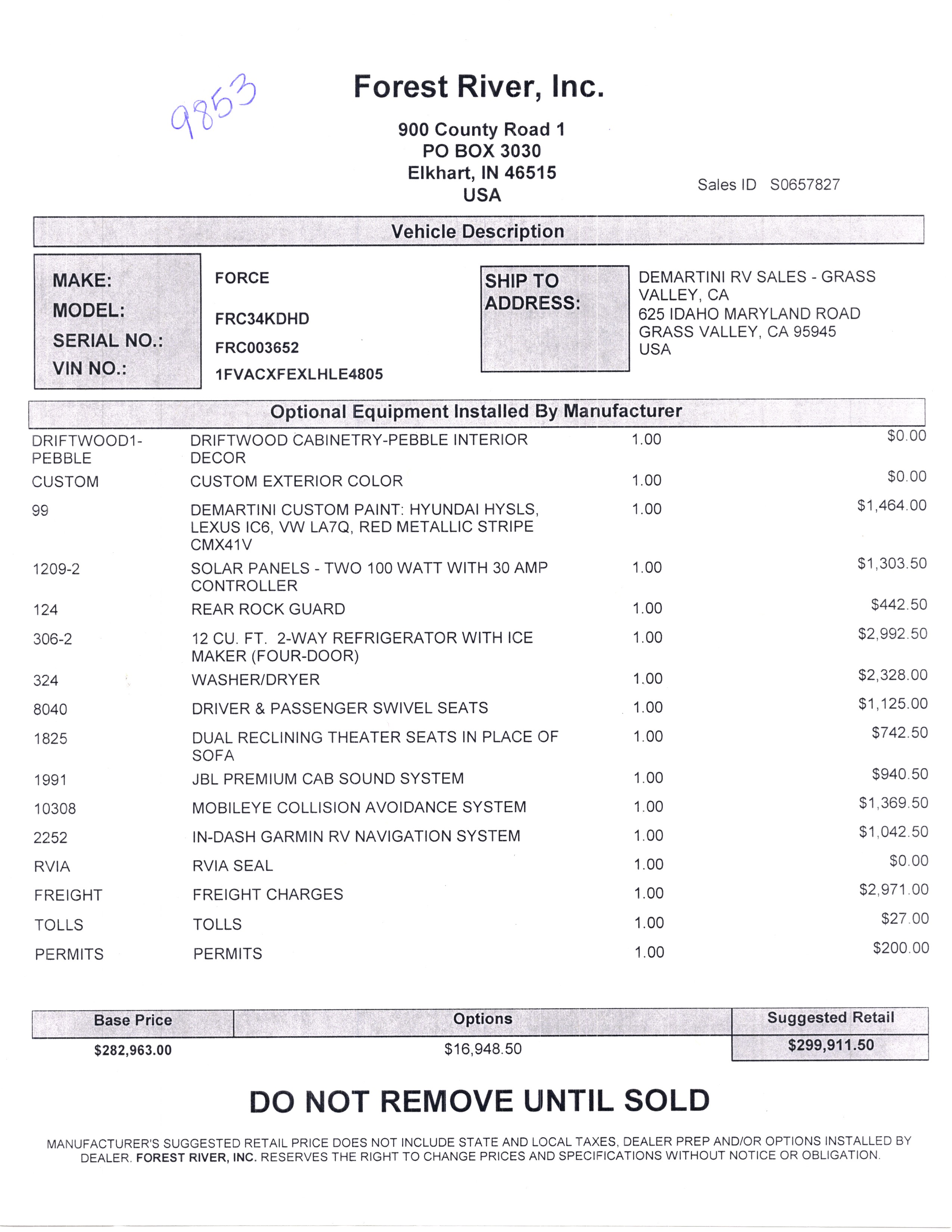2020 Dynamax Force HD 34KD MSRP Sheet