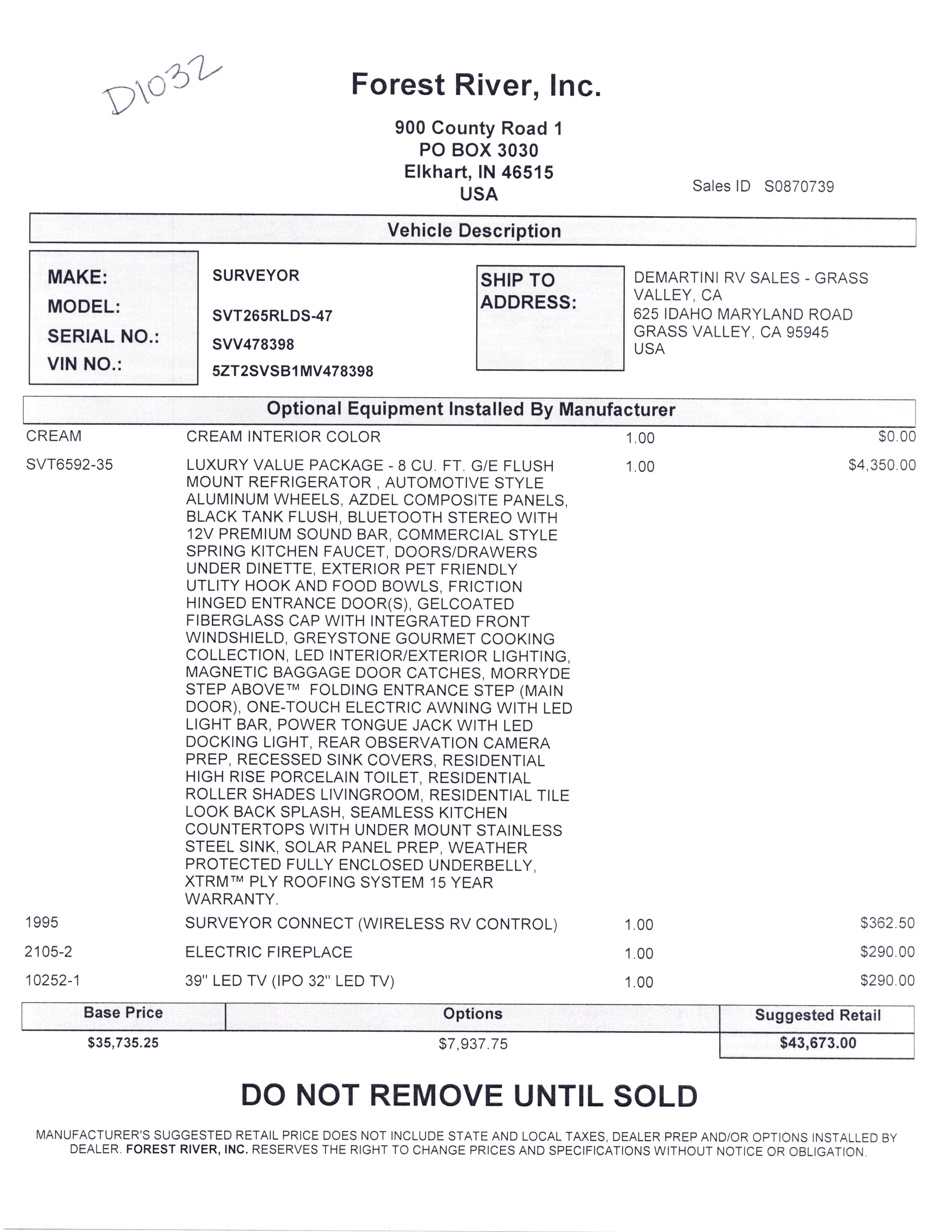 2021 Forest River Surveyor Luxury 265RLDS MSRP Sheet