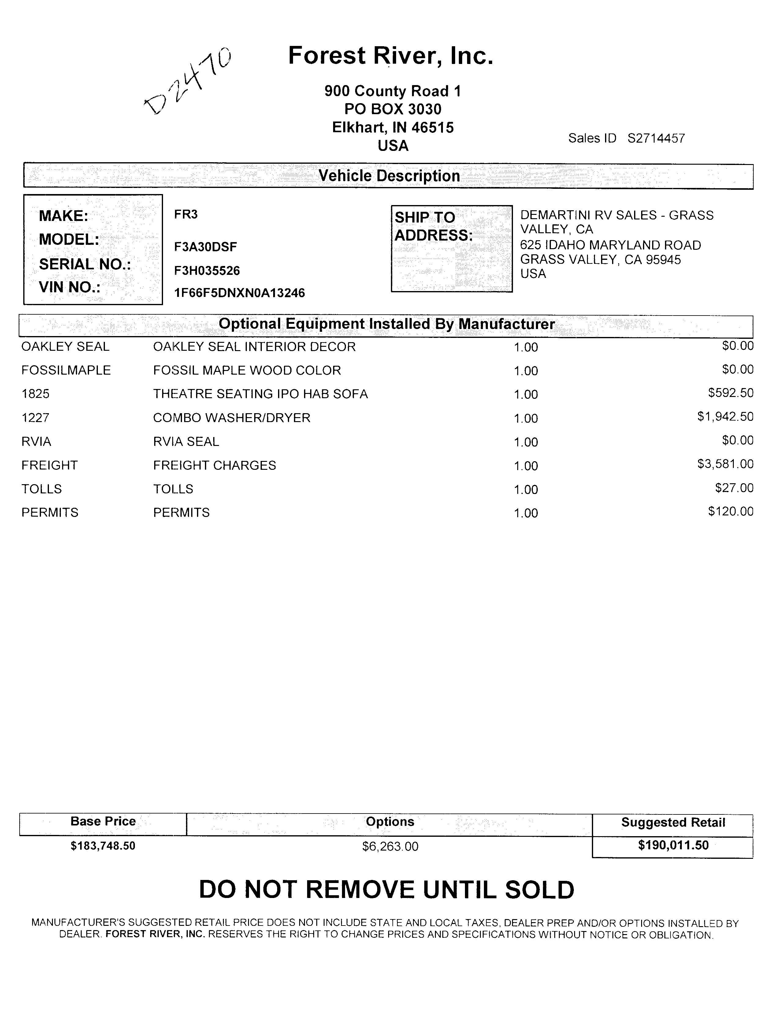 2023 Forest River FR3 30DS MSRP Sheet