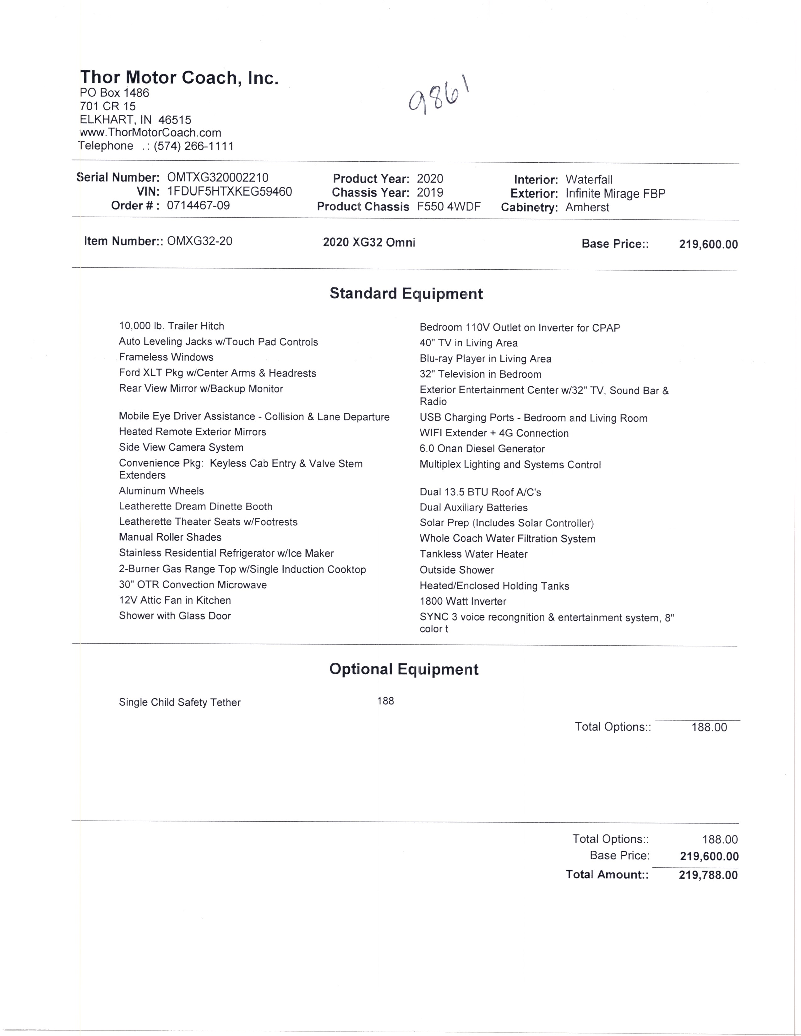 2020 Thor Omni XG32 4x4 MSRP Sheet