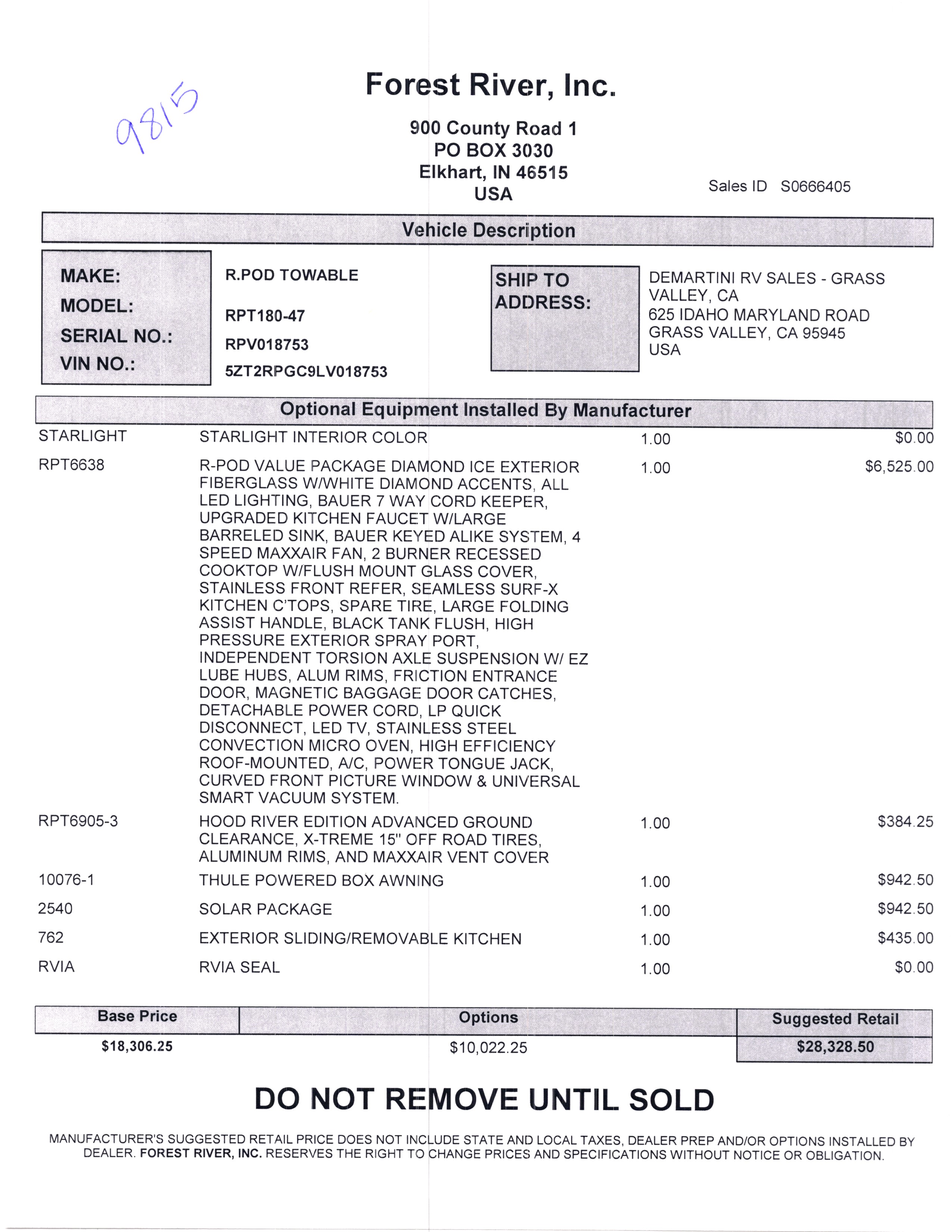 2020 Forest River R-Pod 180 MSRP Sheet