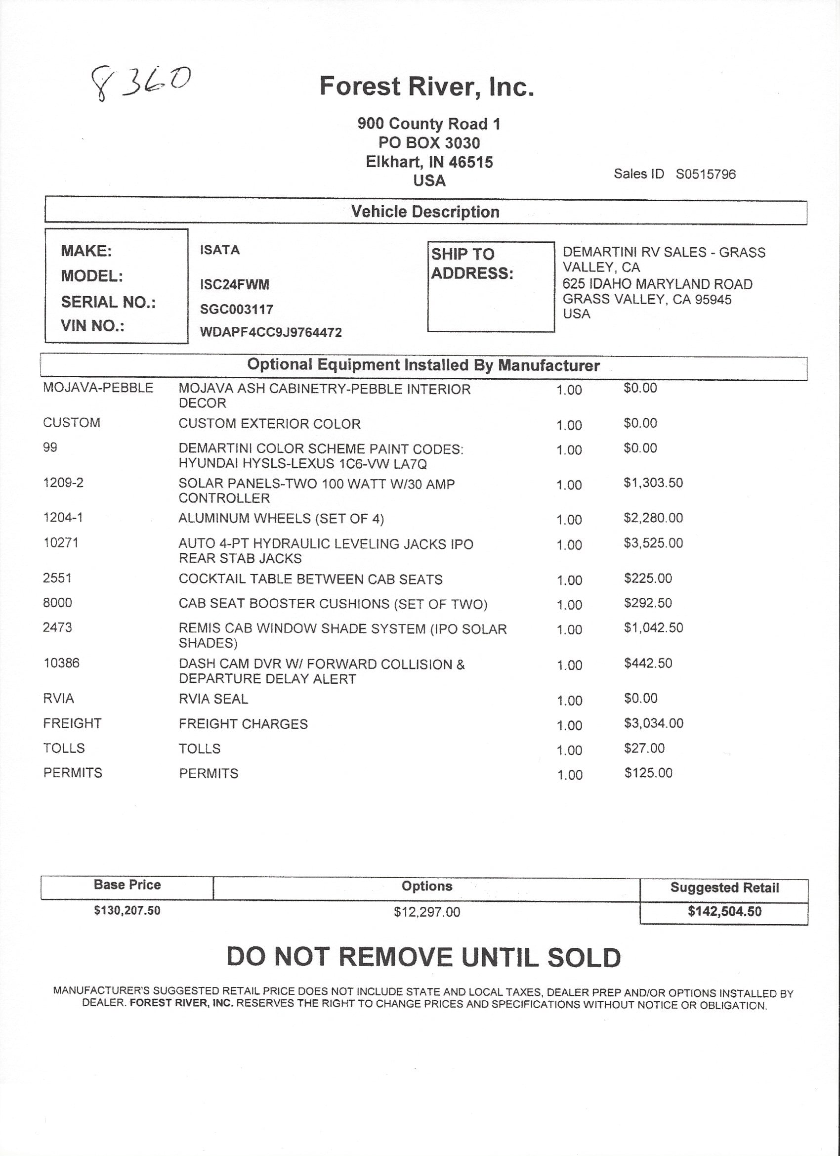 2019 Dynamax Isata 3 24FW MSRP Sheet