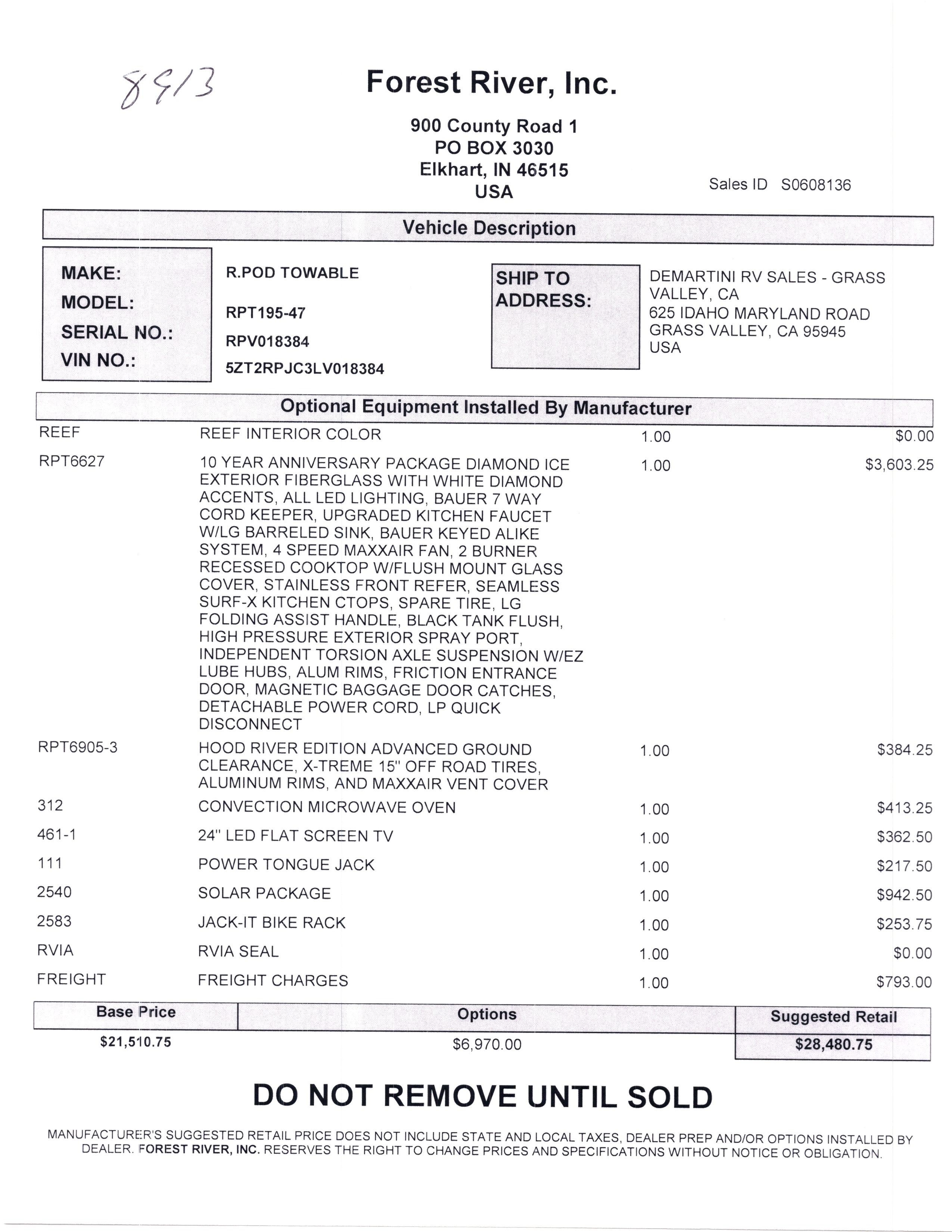 2020 Forest River R-Pod 195 MSRP Sheet