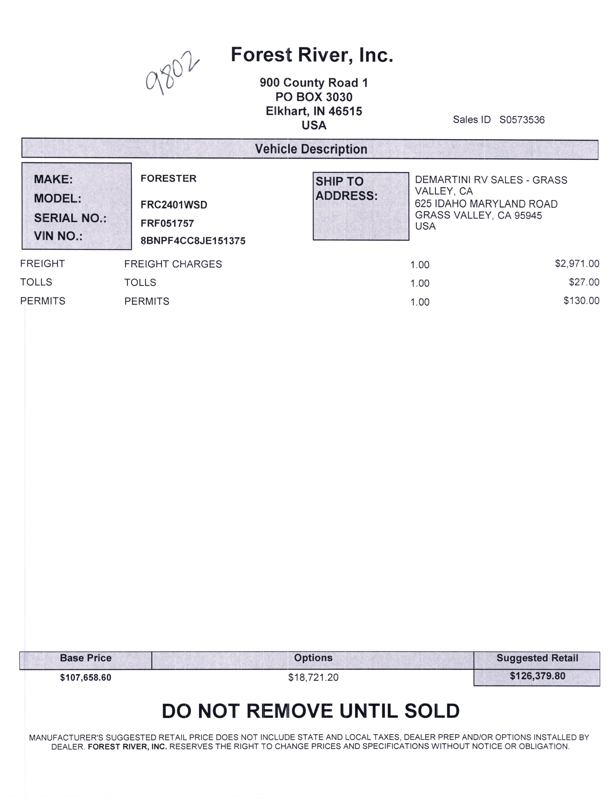 2020 Forest River Forester MBS 2401W MSRP Sheet