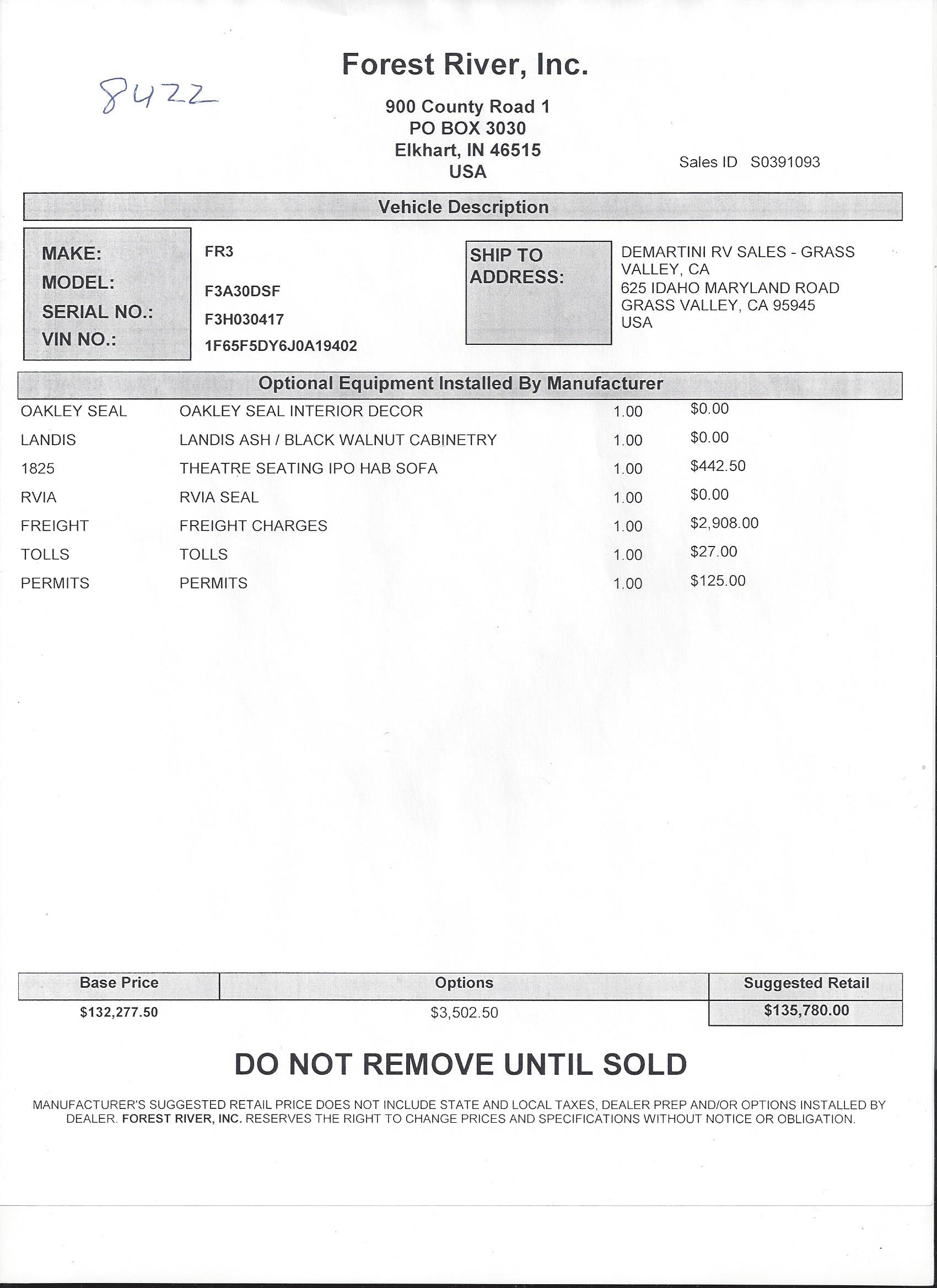 2019 Forest River FR3 30DS MSRP Sheet