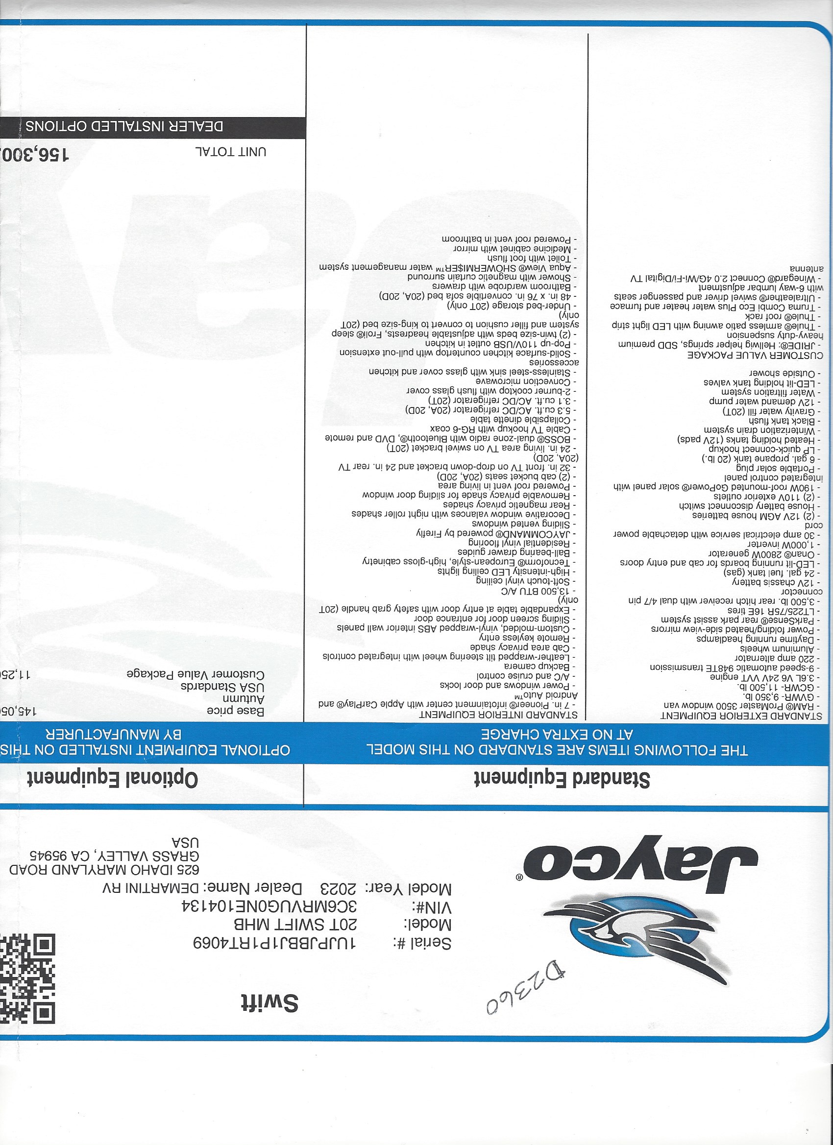 2023 Jayco Swift 20T MSRP Sheet